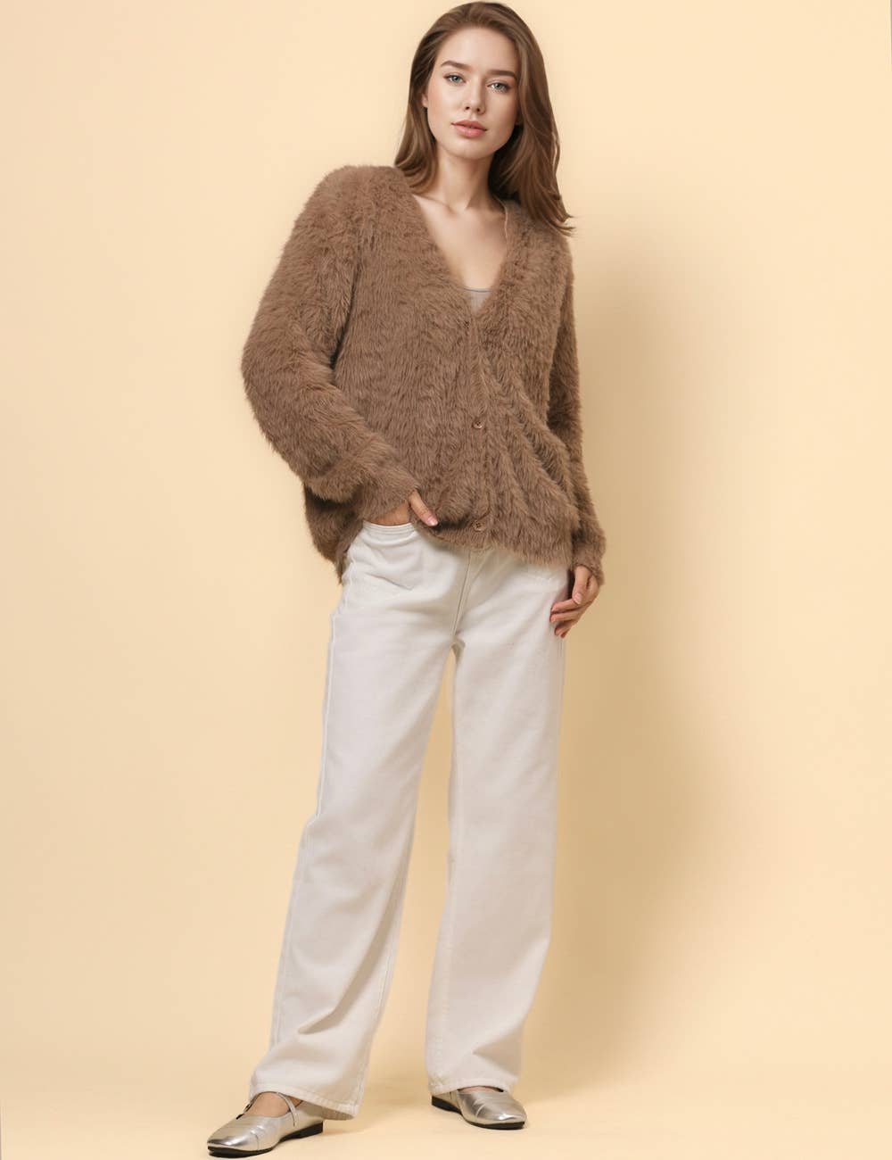 Ladies Solid Color Faux Mink V-Neck Cardigan - Khaki