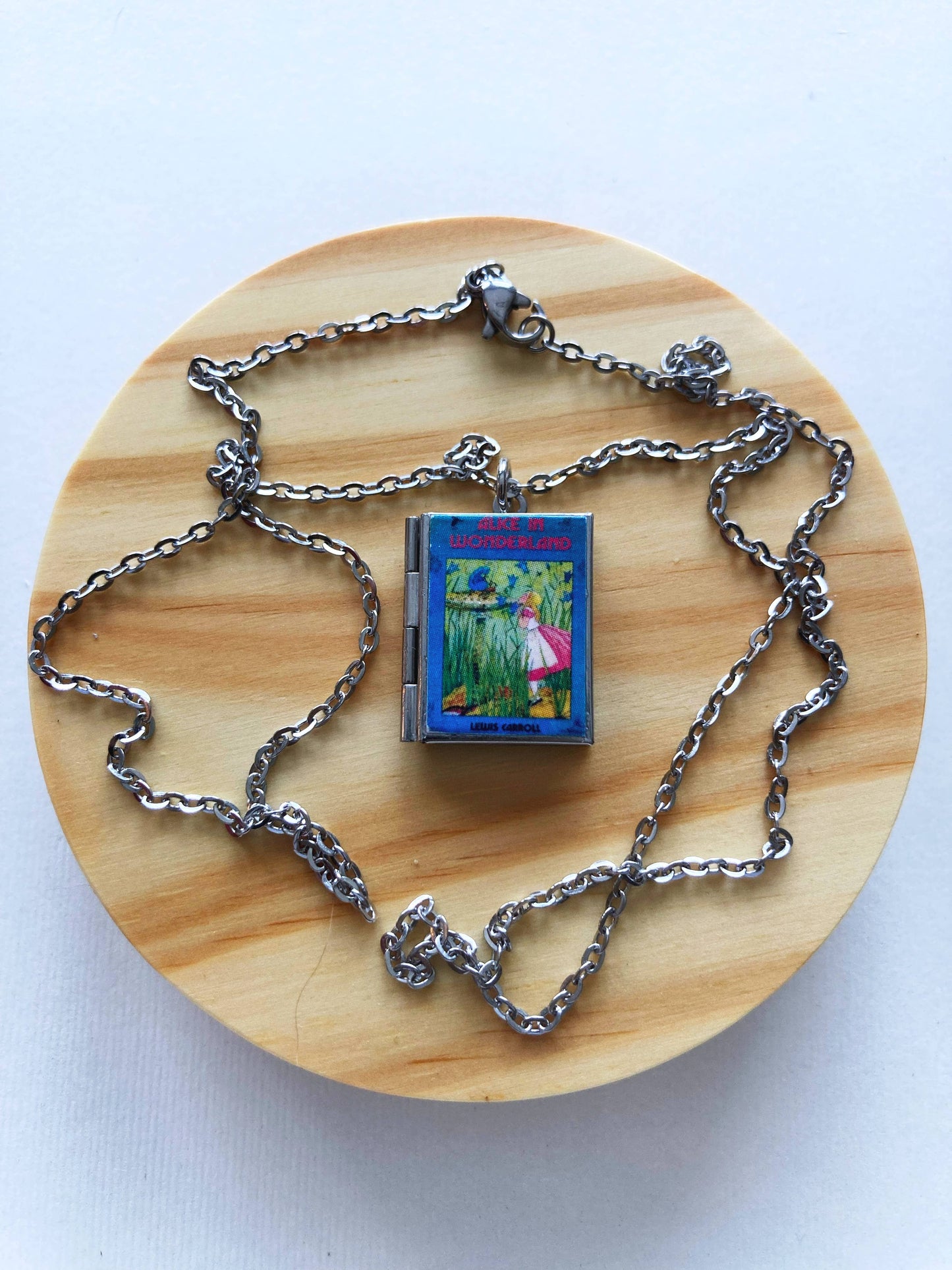 Book Locket Alice In Wonderland - Blue with Caterpillar - Stainless Steel