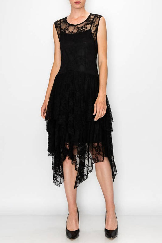 Whimsical Sleeveless Lace Midi Dress With Unattached Slip - Black
