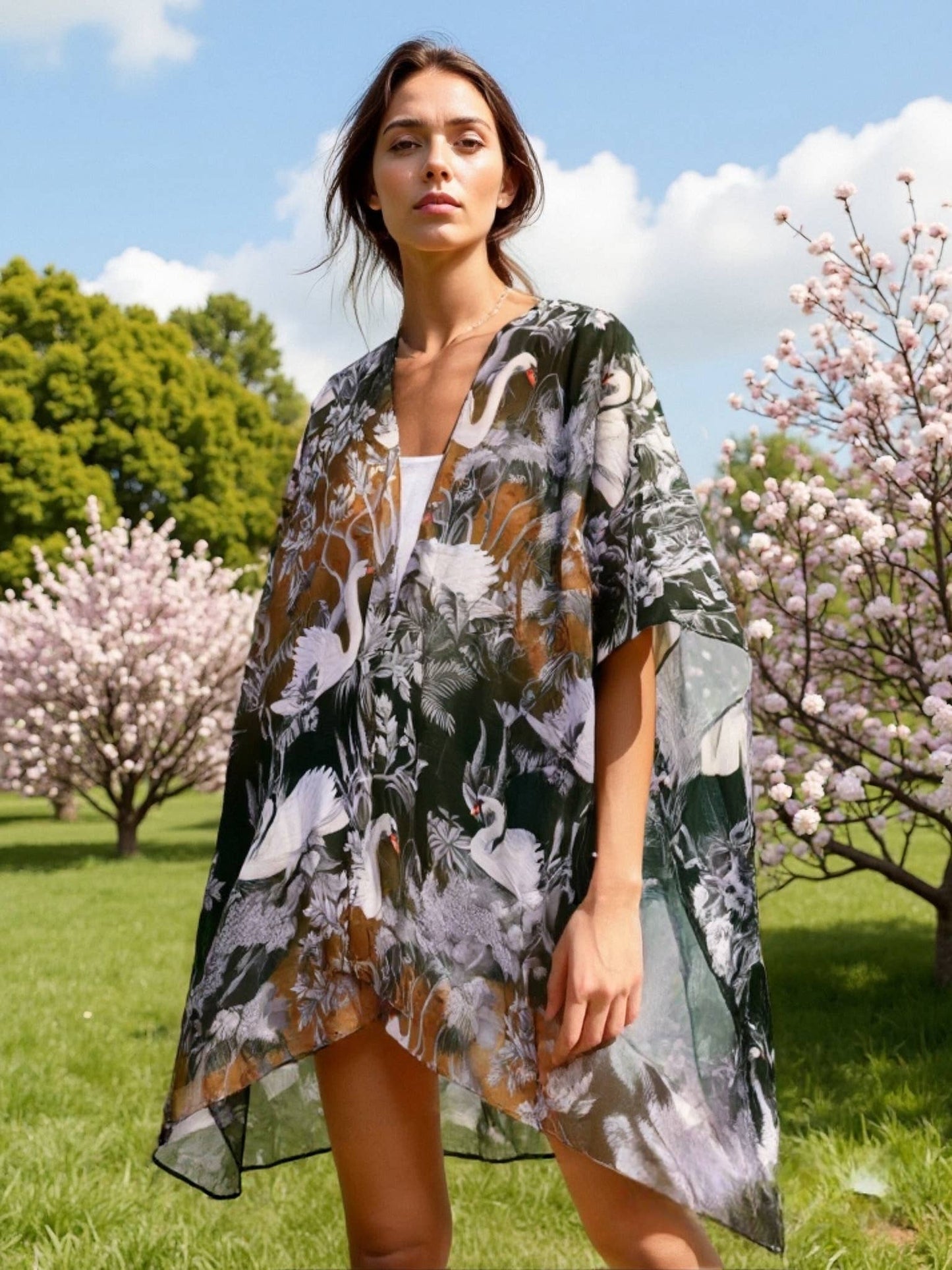 Black-White Swan & Floral Kimono/Cover-Up