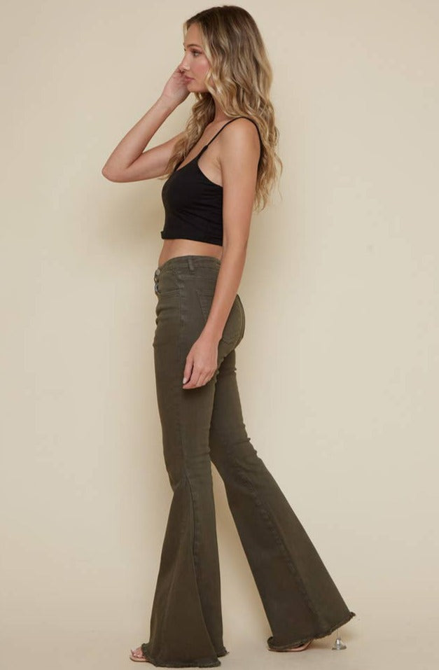 Olive Overlap Button Flares - La De Da