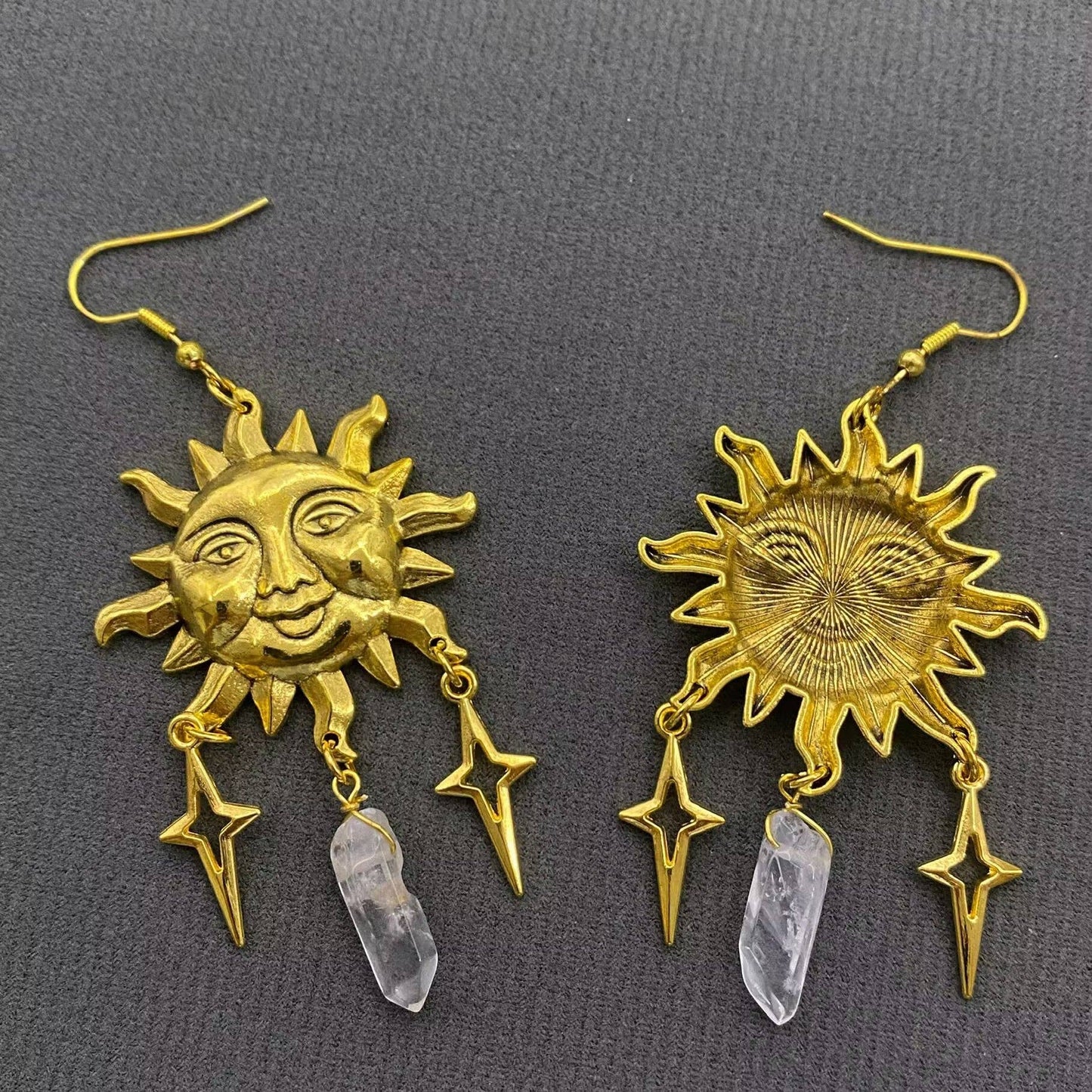 White Crystal Gold Plated Sun Charm Dangle Earrings