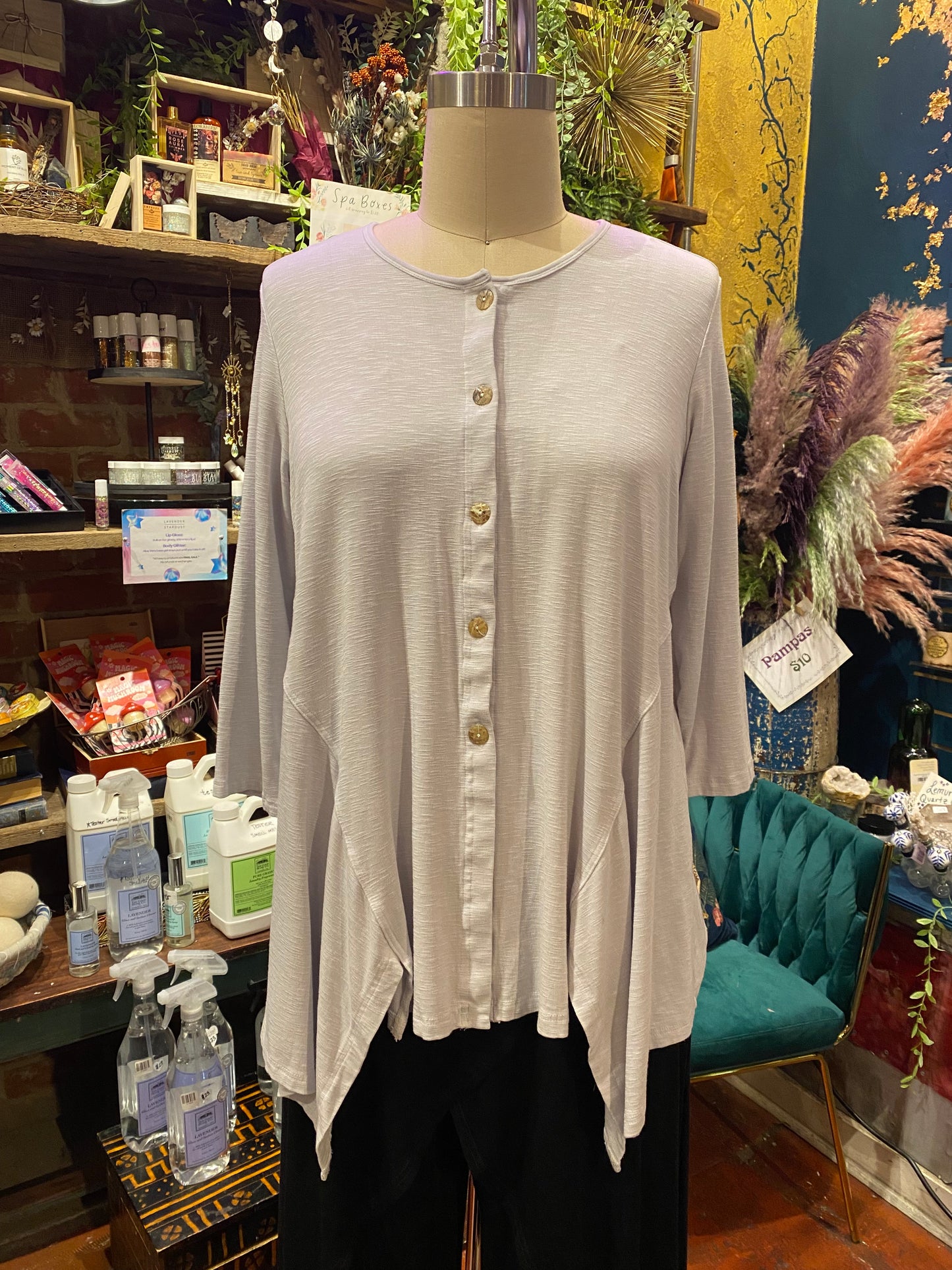 3/4 Sleeve Button Down Slit Shirt - Silver