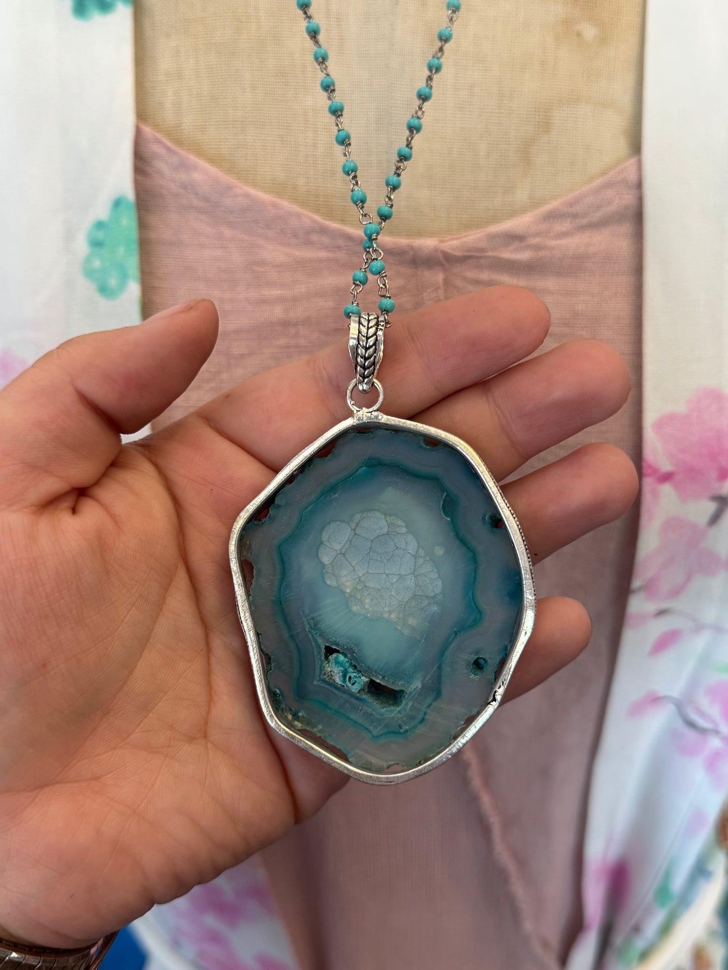 Dyed Large Blue Agate Slice Pendant