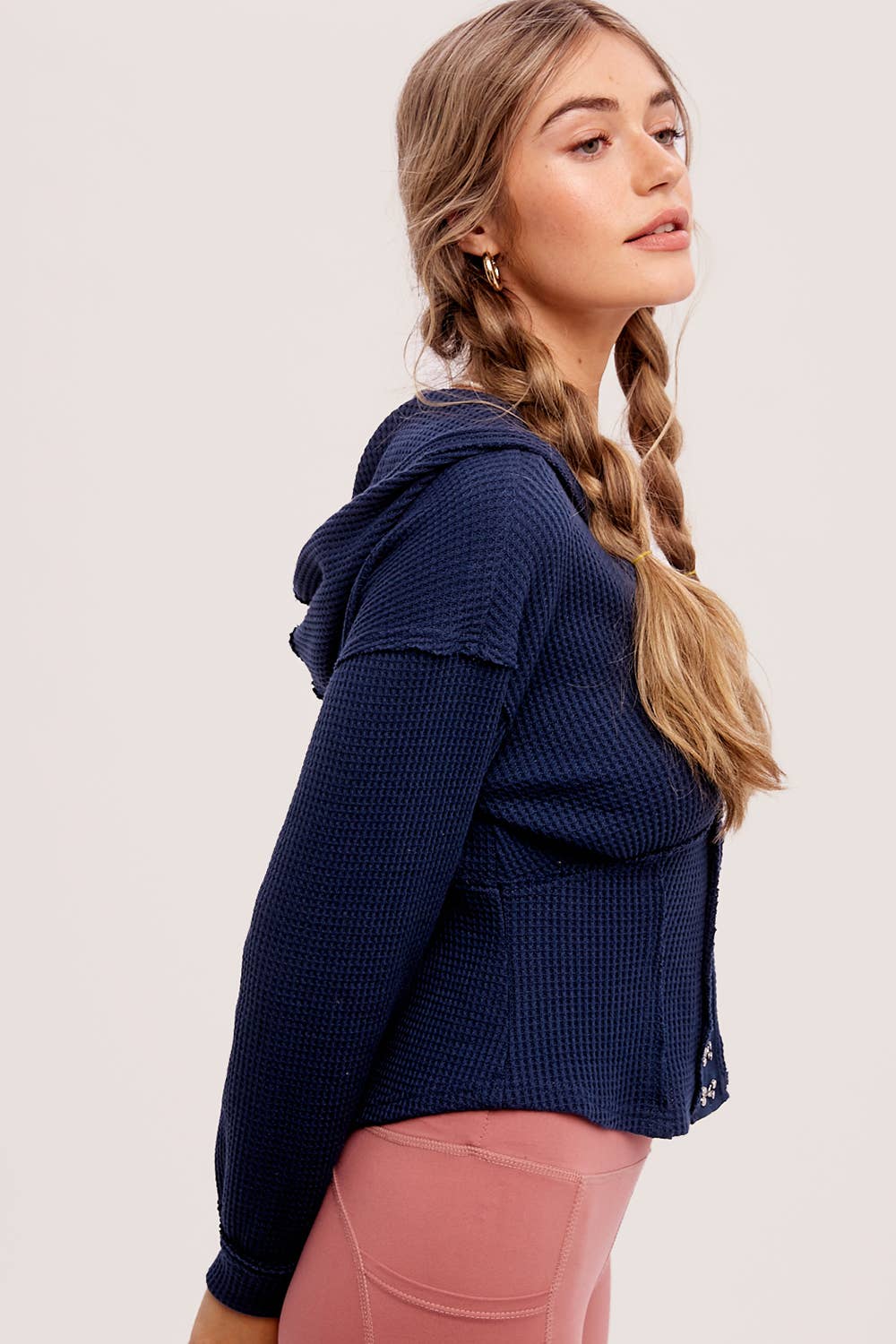 Waffle Knit Corset Hoodie - Teal Blue