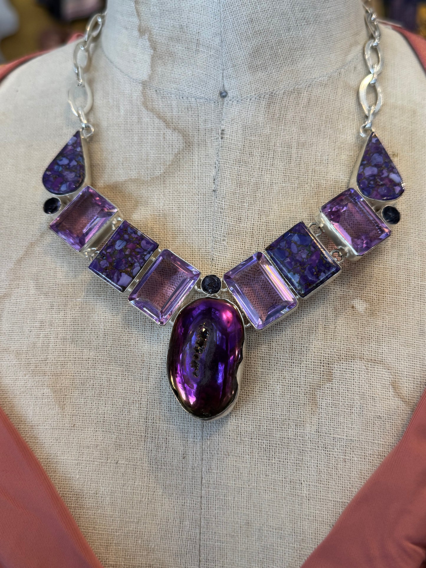 Aura Geode, Purple Jasper, Purple Faceted Glass Cluster Necklace