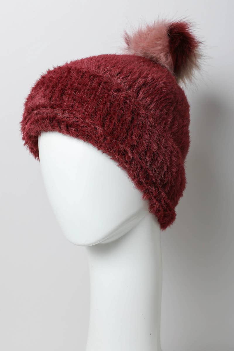 Plush Faux Mohair Knit Beanie - Burgundy