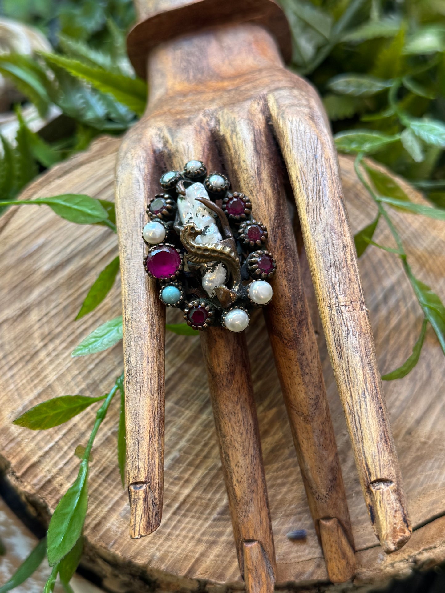 Pearl, Ruby & Turquoise Seahorse Ring