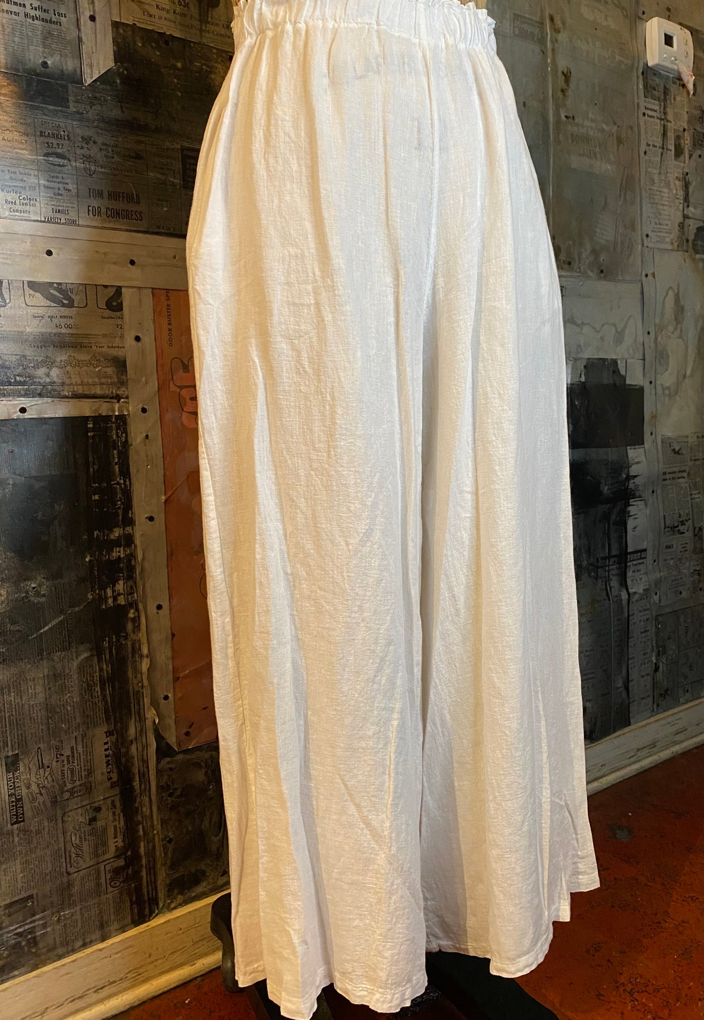 Linen, Elastic Waist Palazzo Pants - White