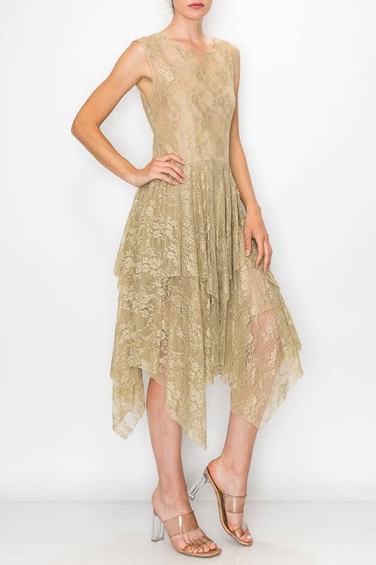 Whimsical Sleeveless Lace Midi Dress With Unattached Slip - TAUPE