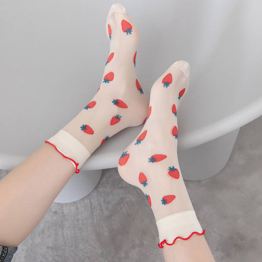 Cute Floral & Fruit Sheer Socks - Strawberry