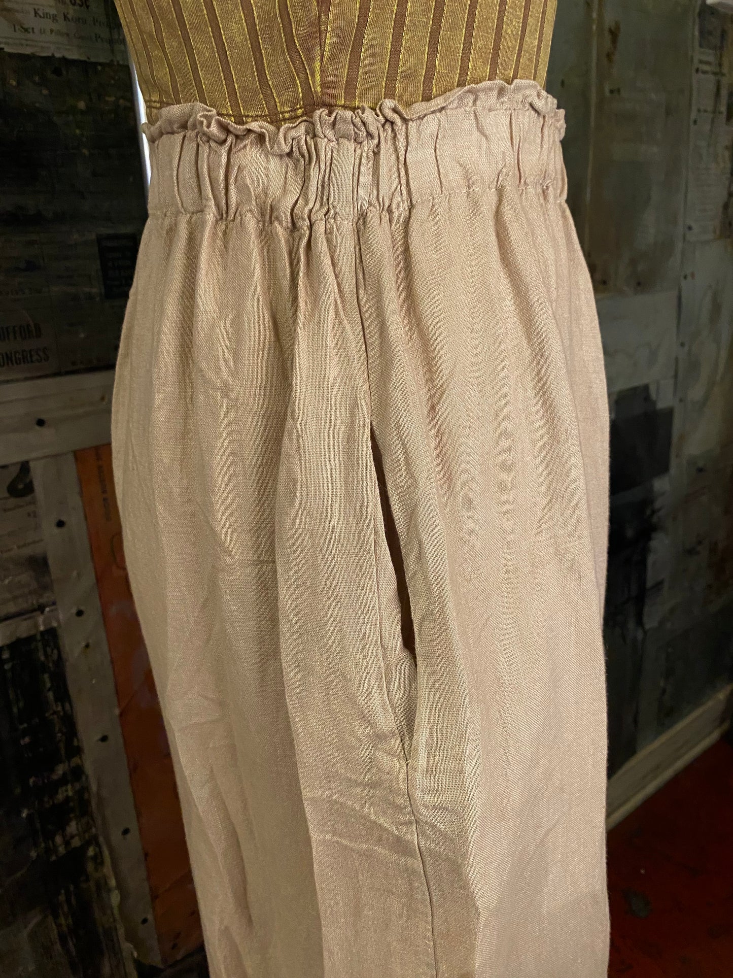 Linen, Elastic Waist Palazzo Pants - Sand