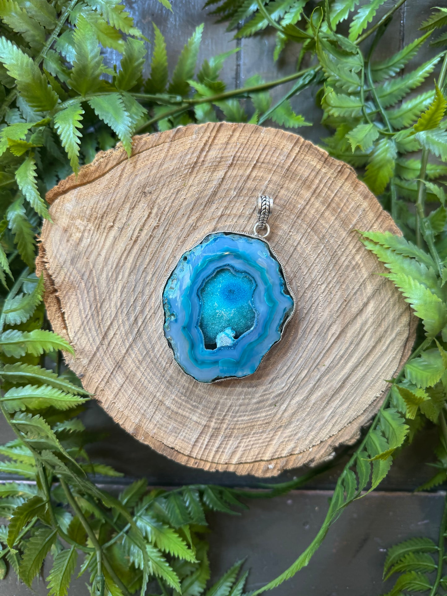Dyed Large Blue Agate Slice Pendant