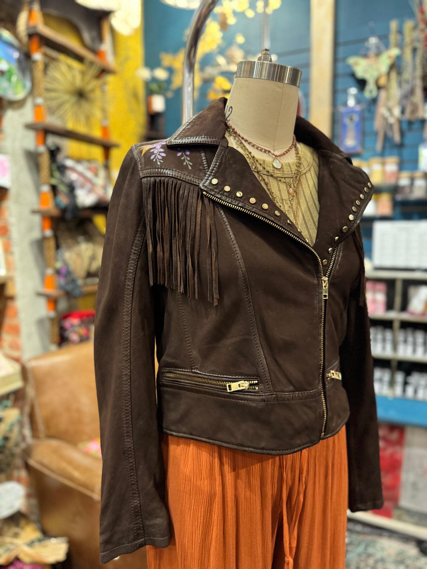 Painted Floral Skull & Snake Brown M. Leather Fringe Jacket - Hannah King*
