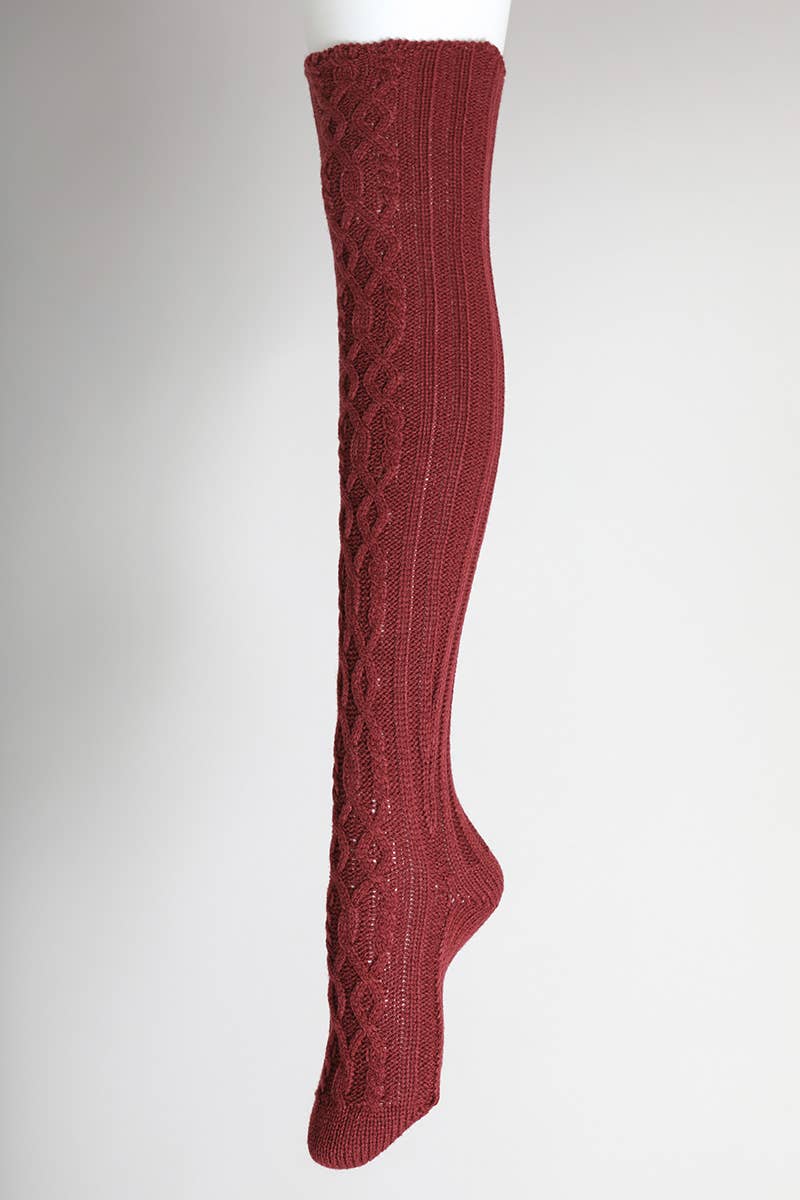 Bold & Cozy Thigh-High Cable Knit Socks - Burgundy