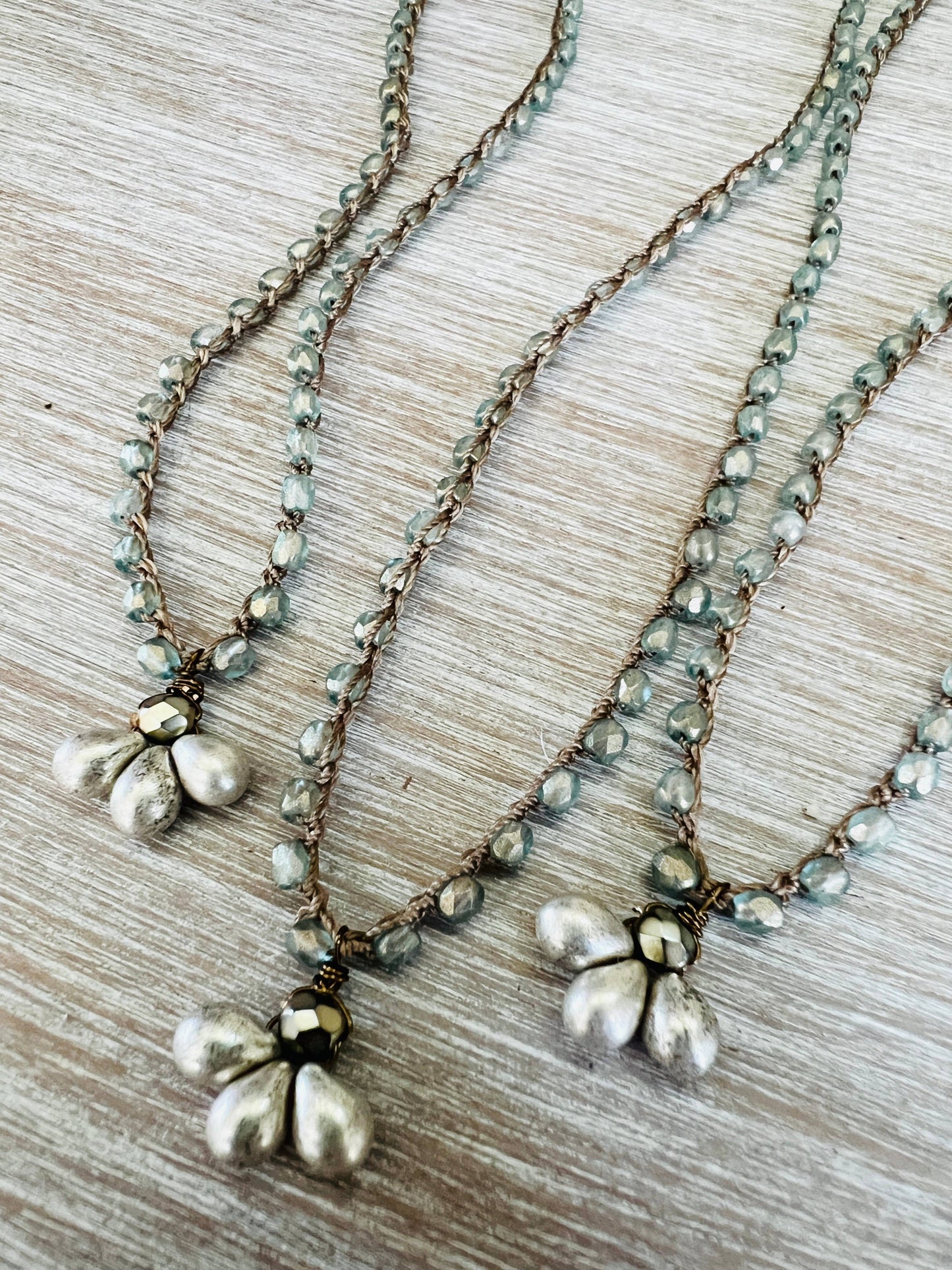 Mint Crystal Crocheted Necklace With Silver Mercury Drops