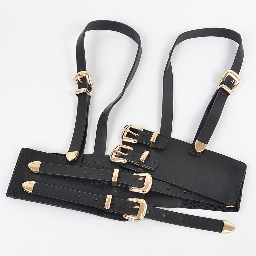 Multi Buckle Harness Belt - Black/Gold