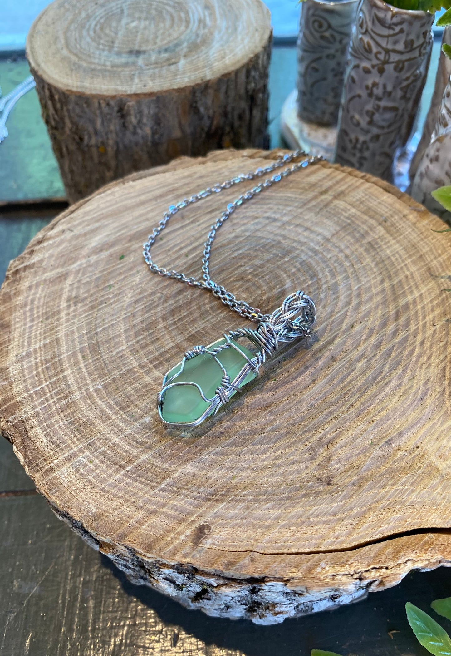 Silver Wrapped Uranium Glass Necklace #IV113