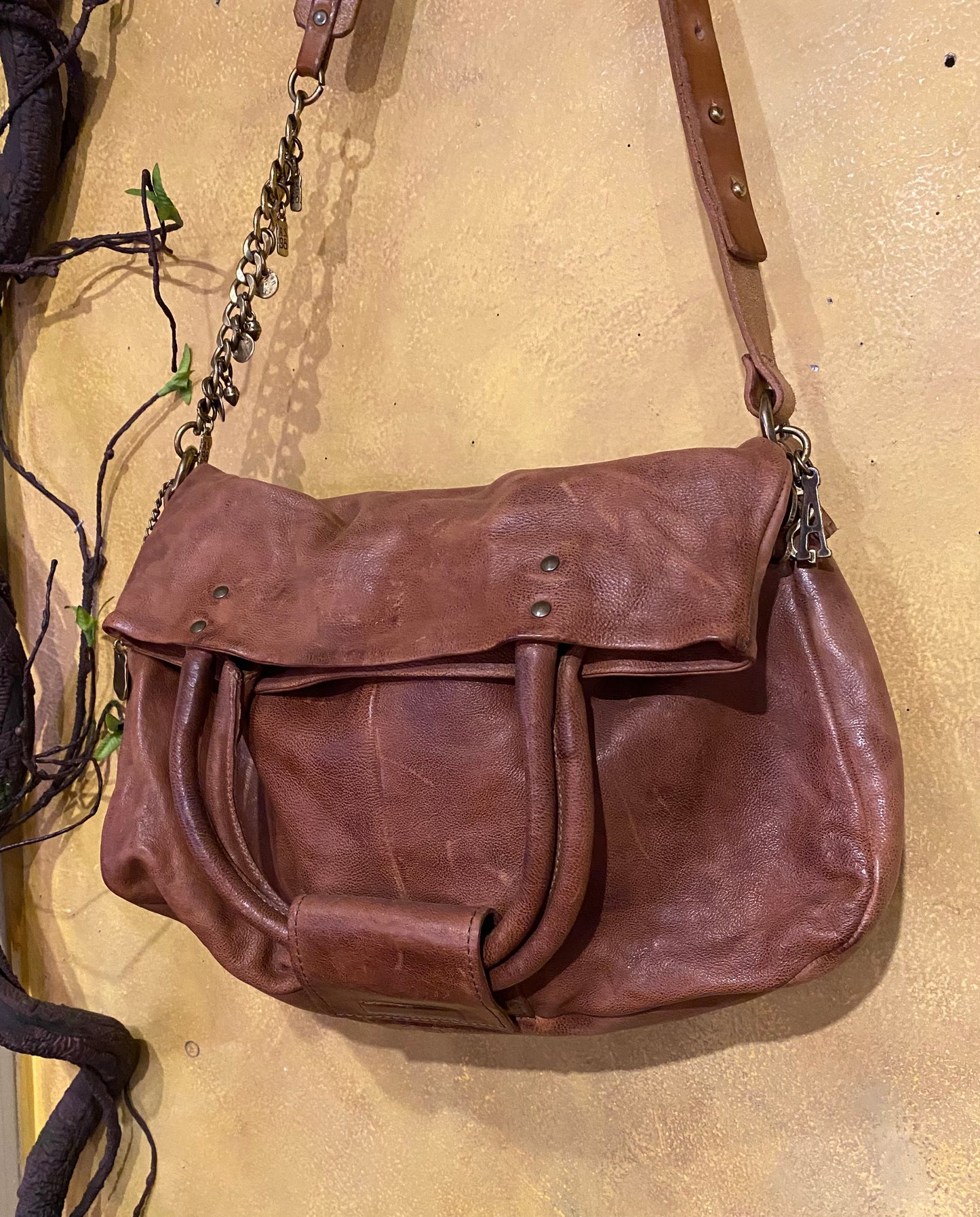Folded Top Leather Crossbody Bag - Camel