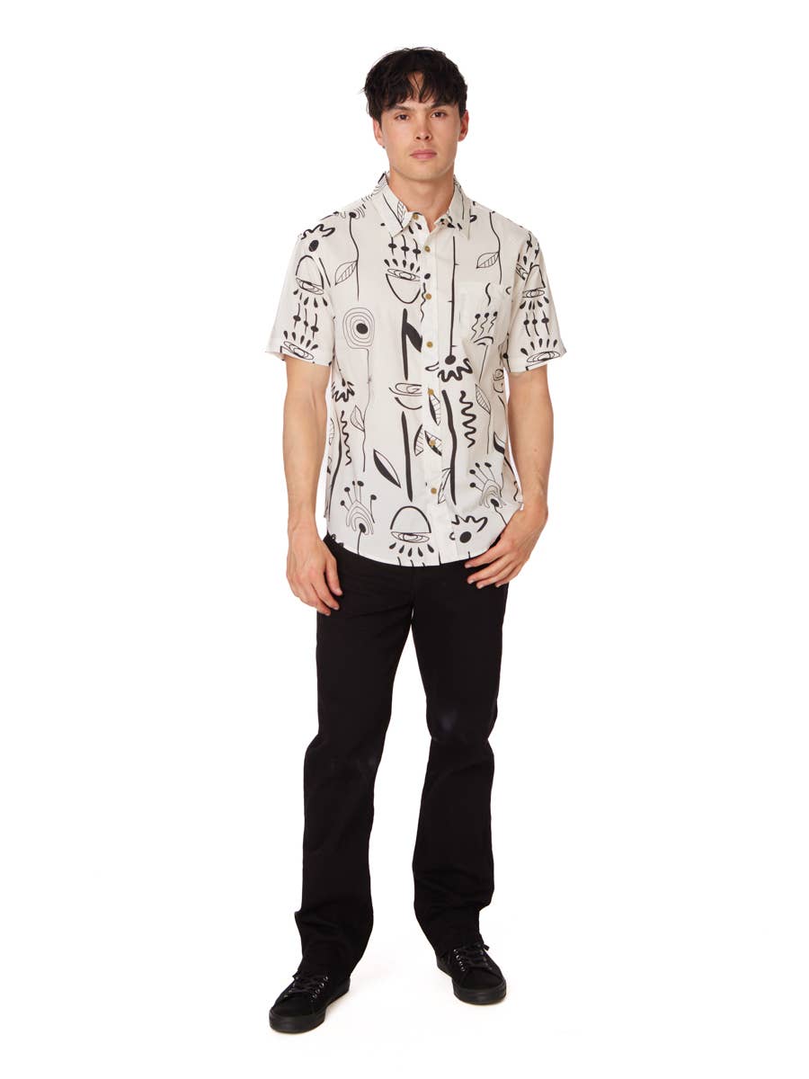 Men's Woven Printed Short Sleeve Shirt - Black & White Doodle