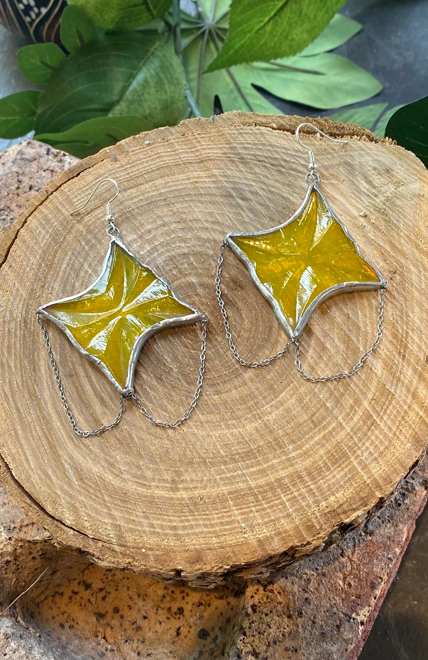 Yellow Starburst Glass Earrings with Chains - KC05*