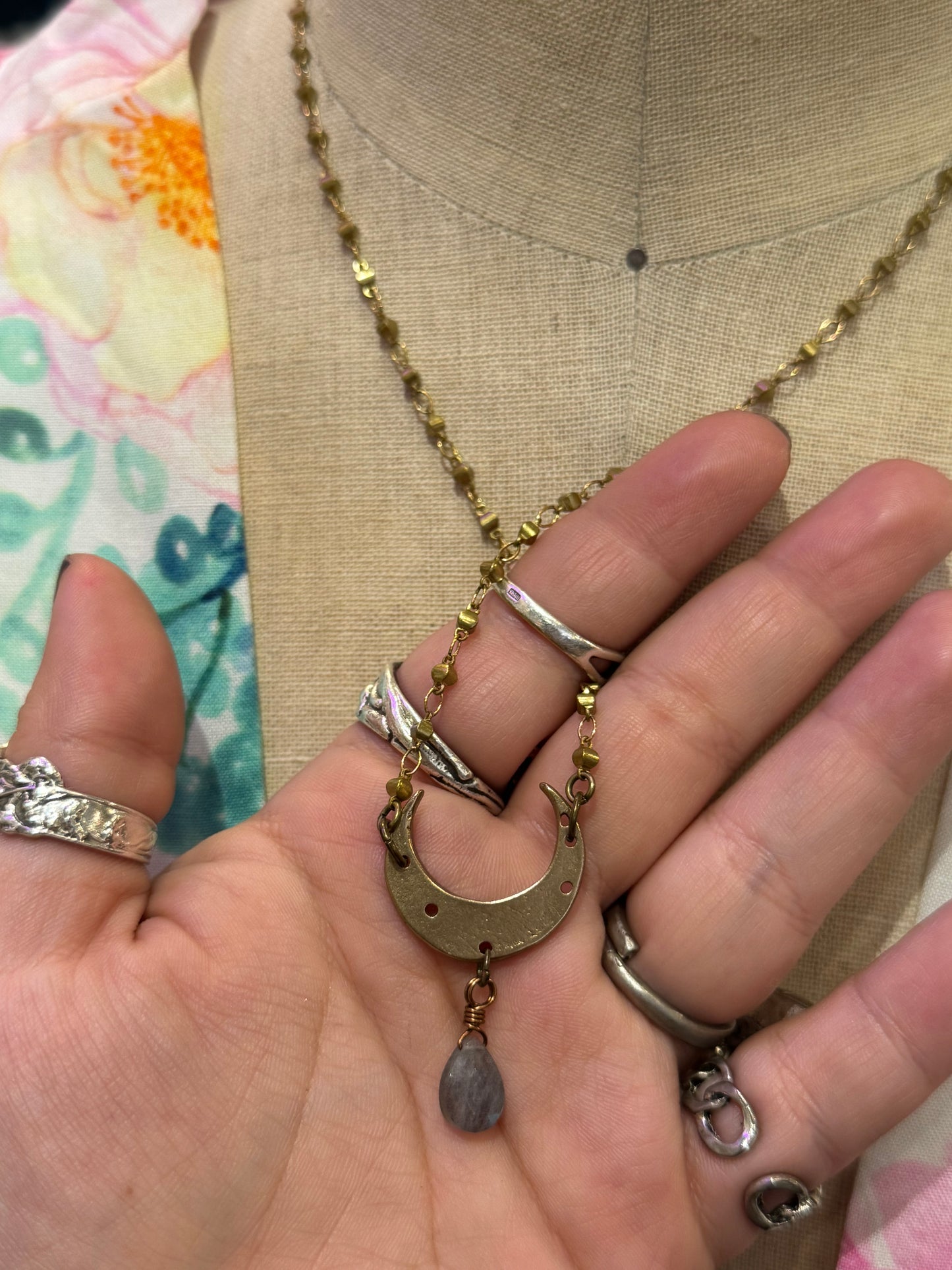 Moon Necklace with Labradorite Drop Bead
