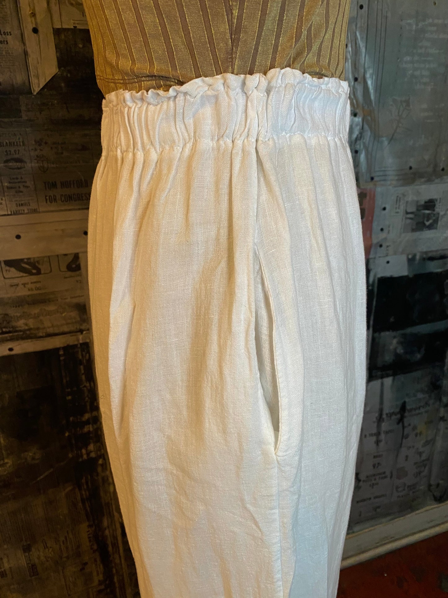 Linen, Elastic Waist Palazzo Pants - White