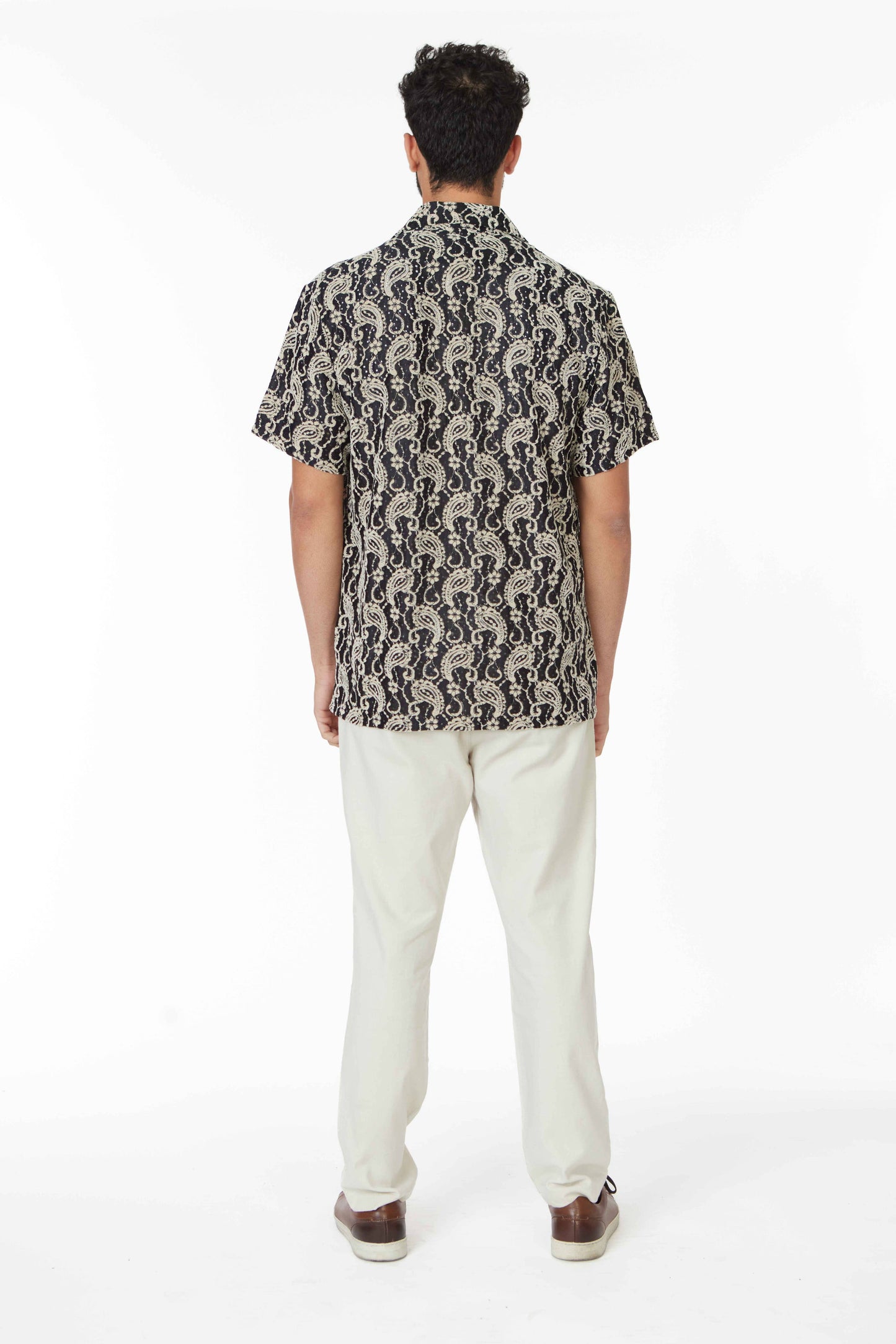 Crochet/Textured Short Sleeve Men's Shirt - Black/Beige