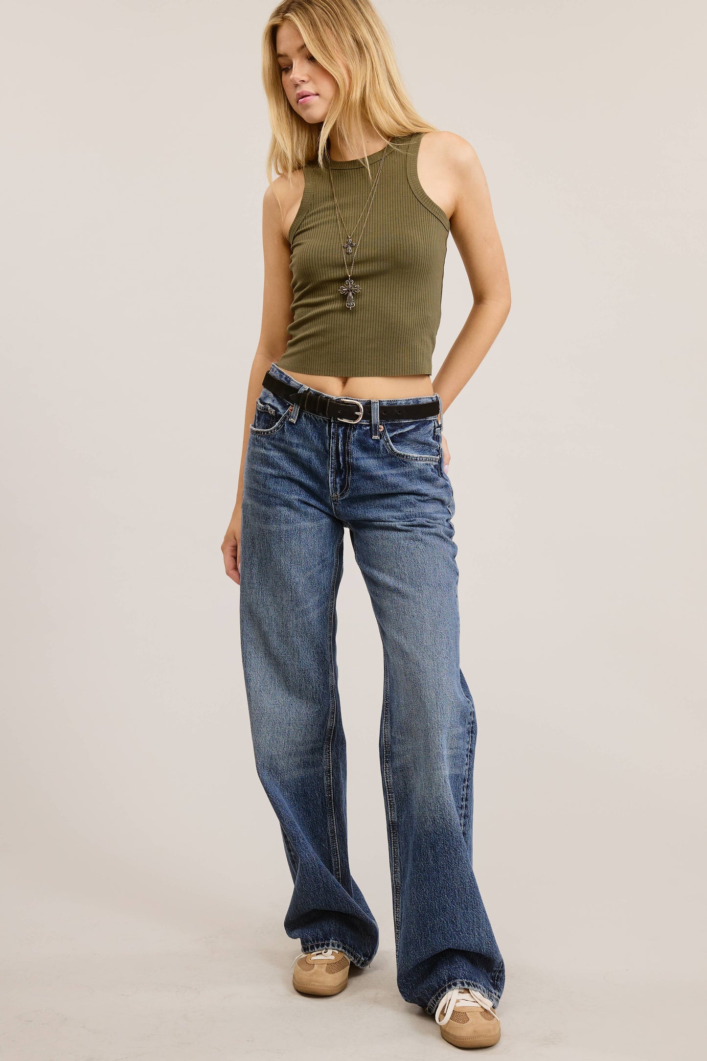 Basic Solid Ribbed Knit Sleeveless Racerback Tank Top - Olive