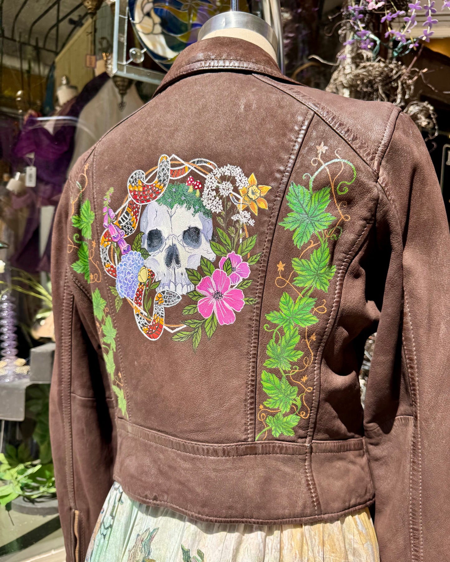 Painted Floral Skull & Snake Brown M. Leather Fringe Jacket - Hannah King*