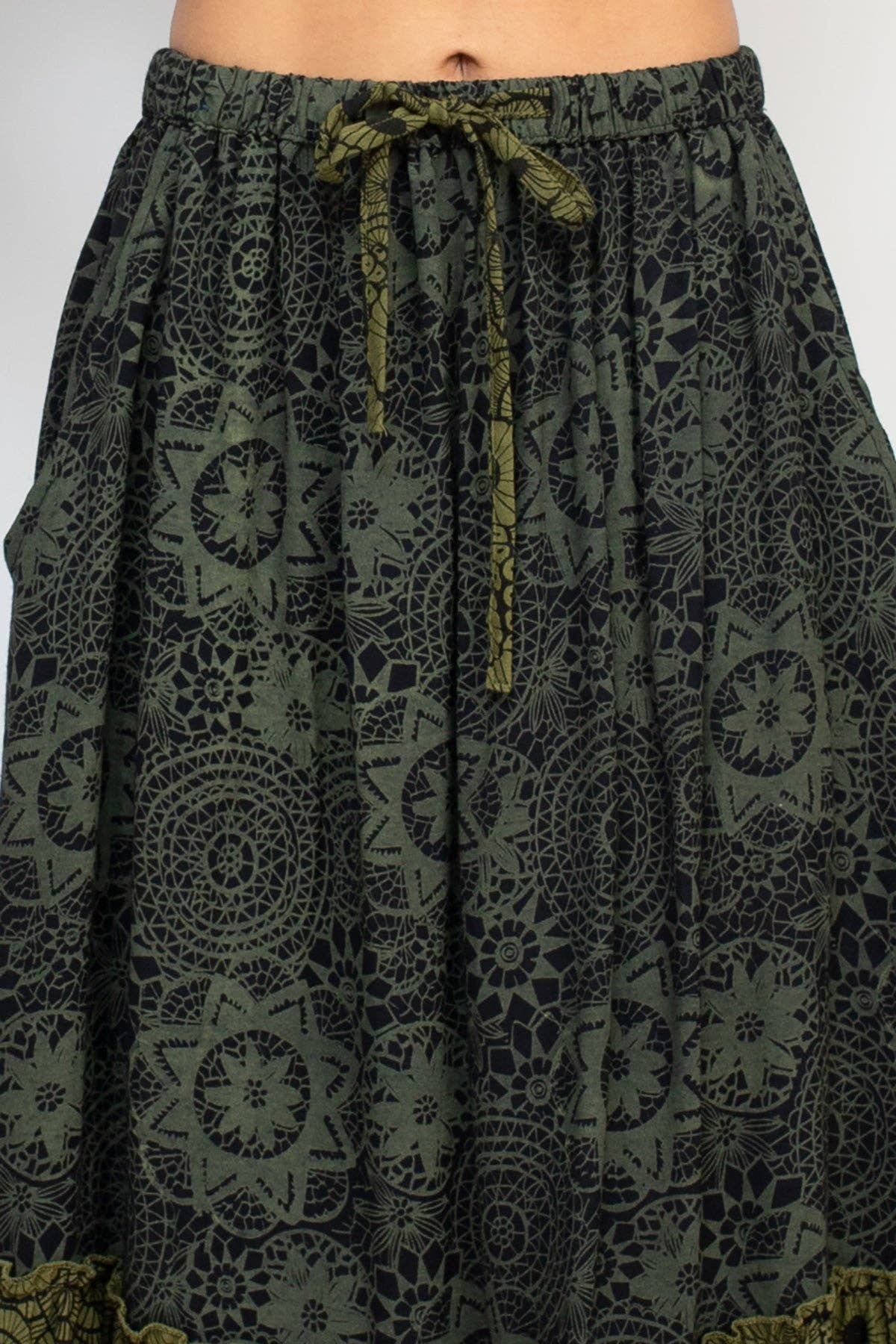 Tiered Lace Print Maxi Skirt - Sage
