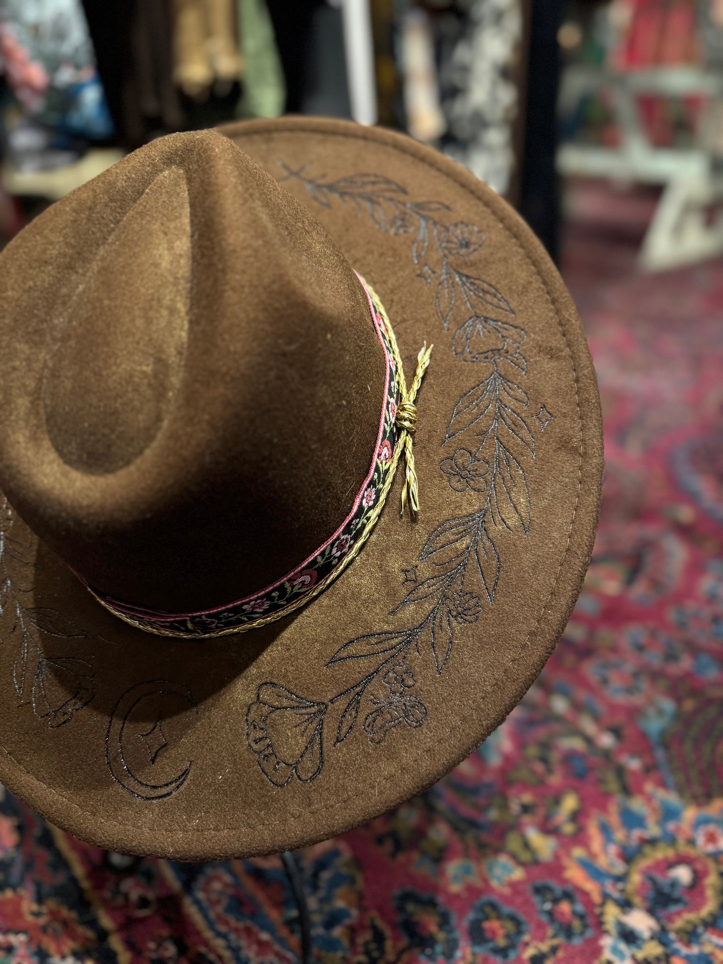 Burnt Floral Vines on NYMF Brown Marble Hat - Hannah King*