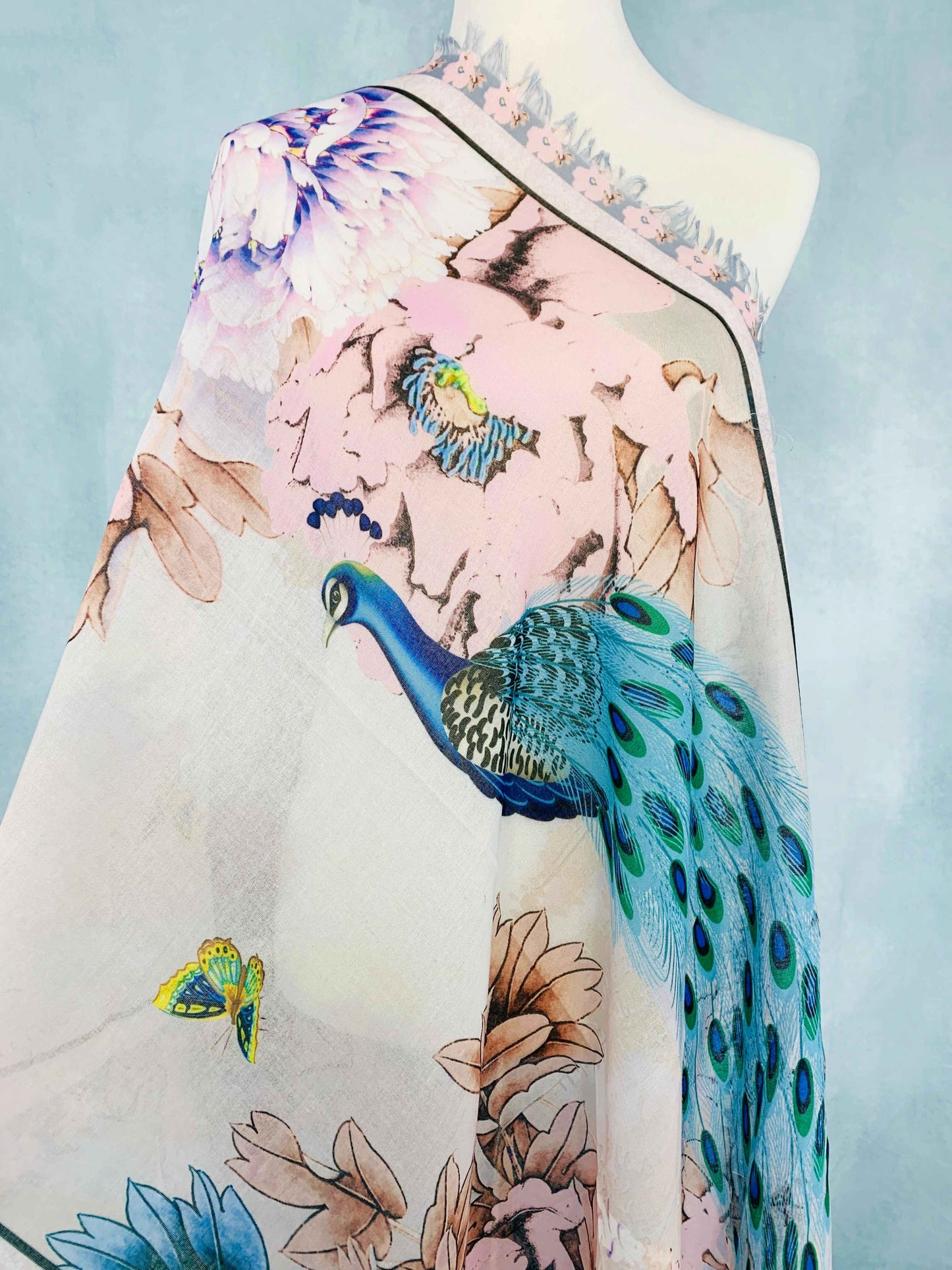 Pink-Teal Peacock & Peoney Frayed-Edge Scarf/Shawl