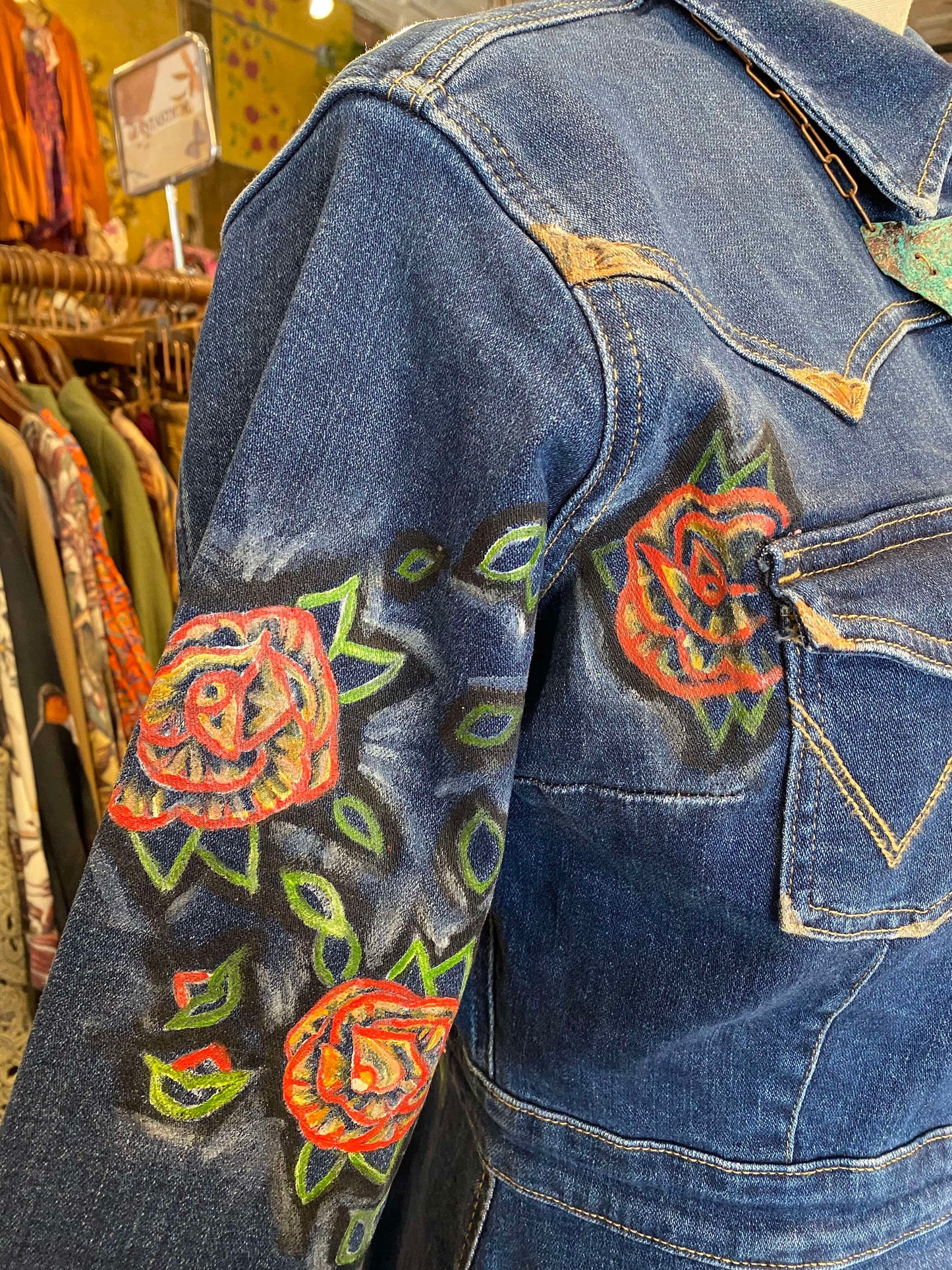 Floral Wrangler Blue Denim Short Dress -Chelsea Dudley Art*