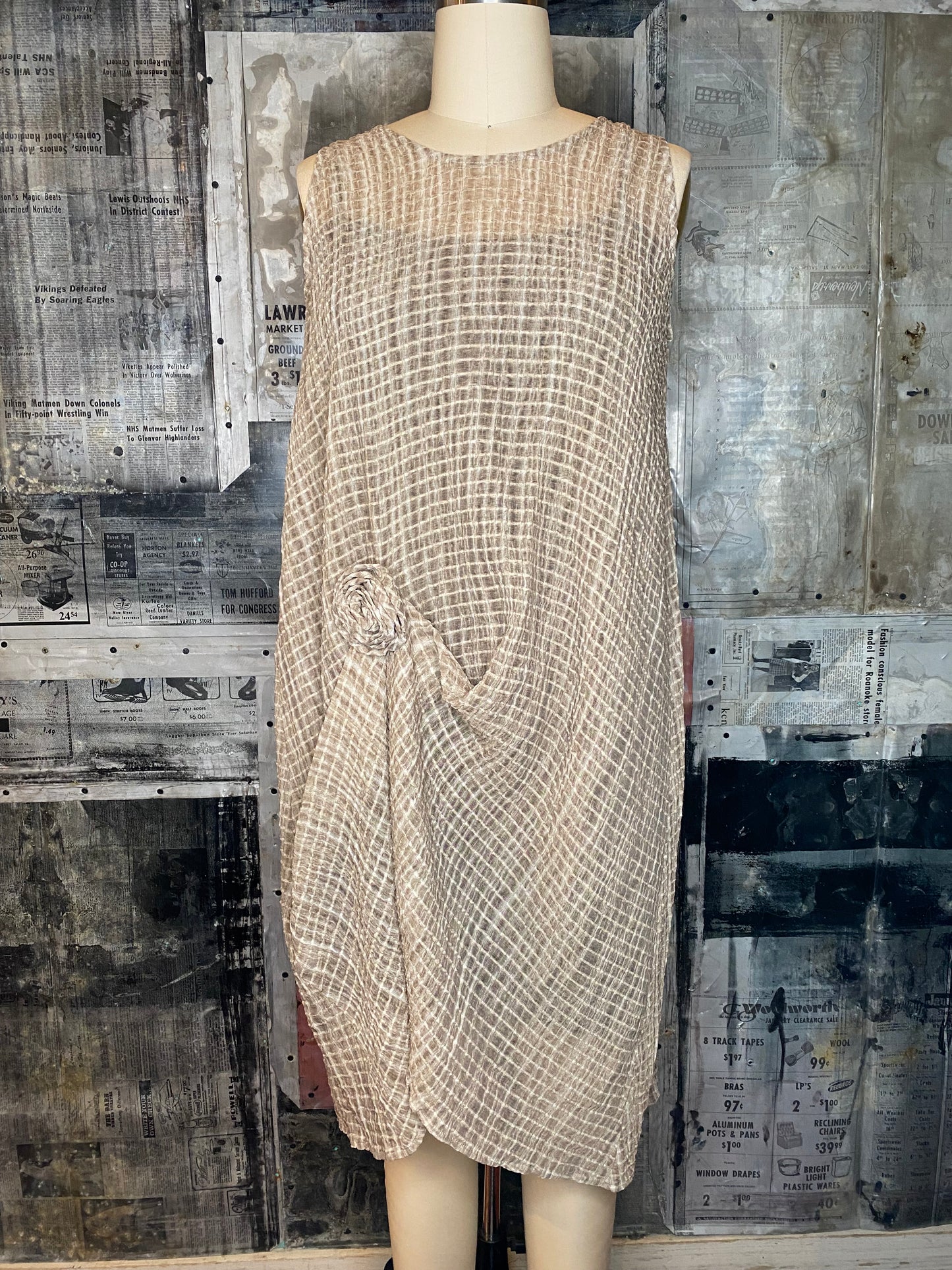 Textured Tank Midi Dress with Rosette - Beige