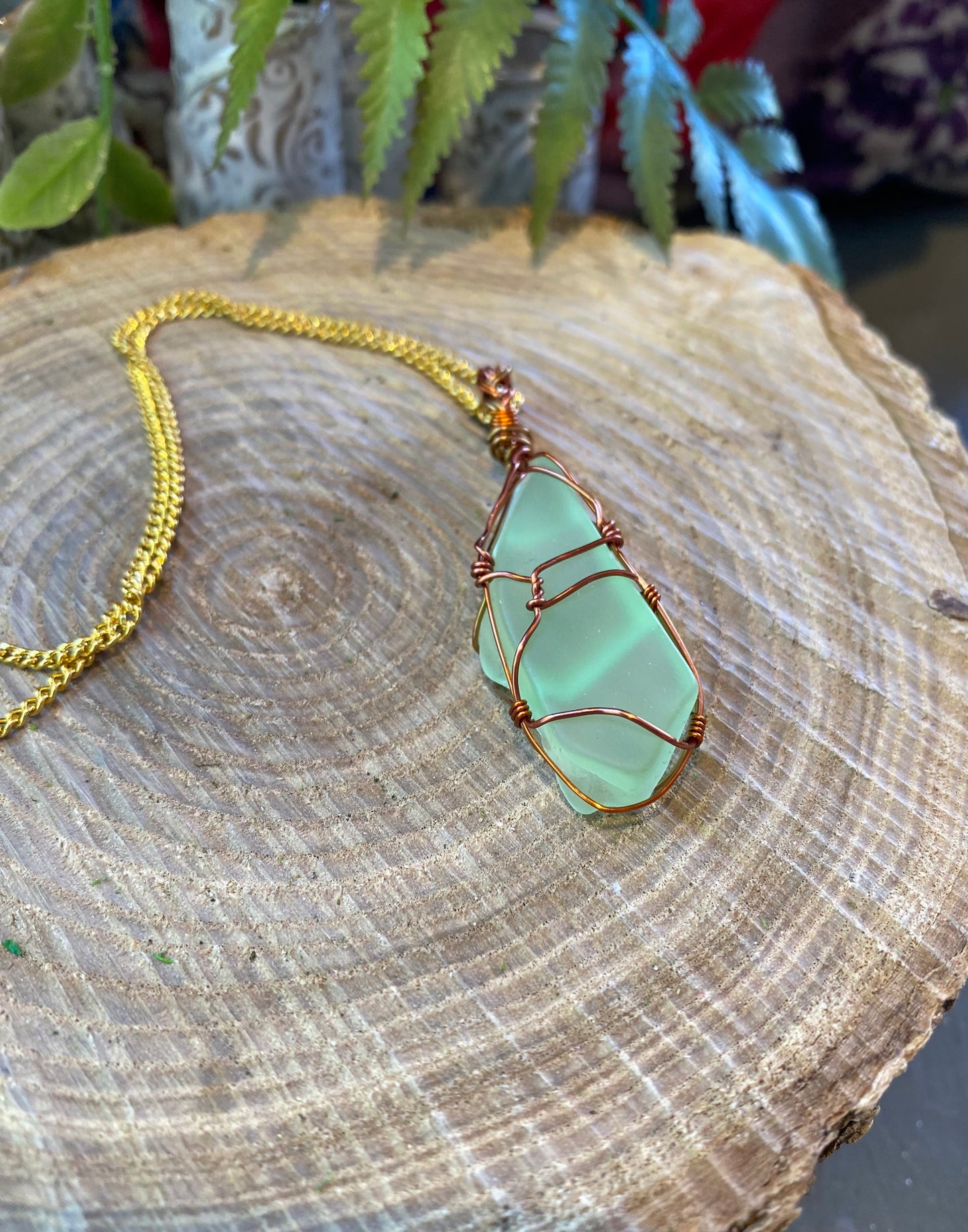 Bronze/Copper Wrapped Uranium Glass Necklace #IV117