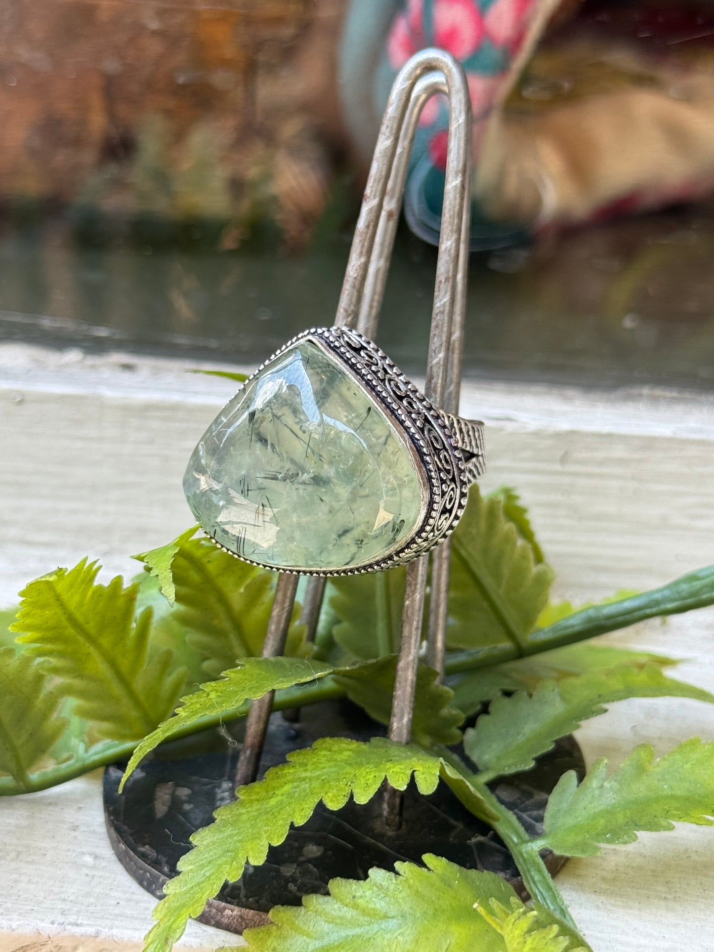 Prehnite Rounded Teardrop Silver Ring