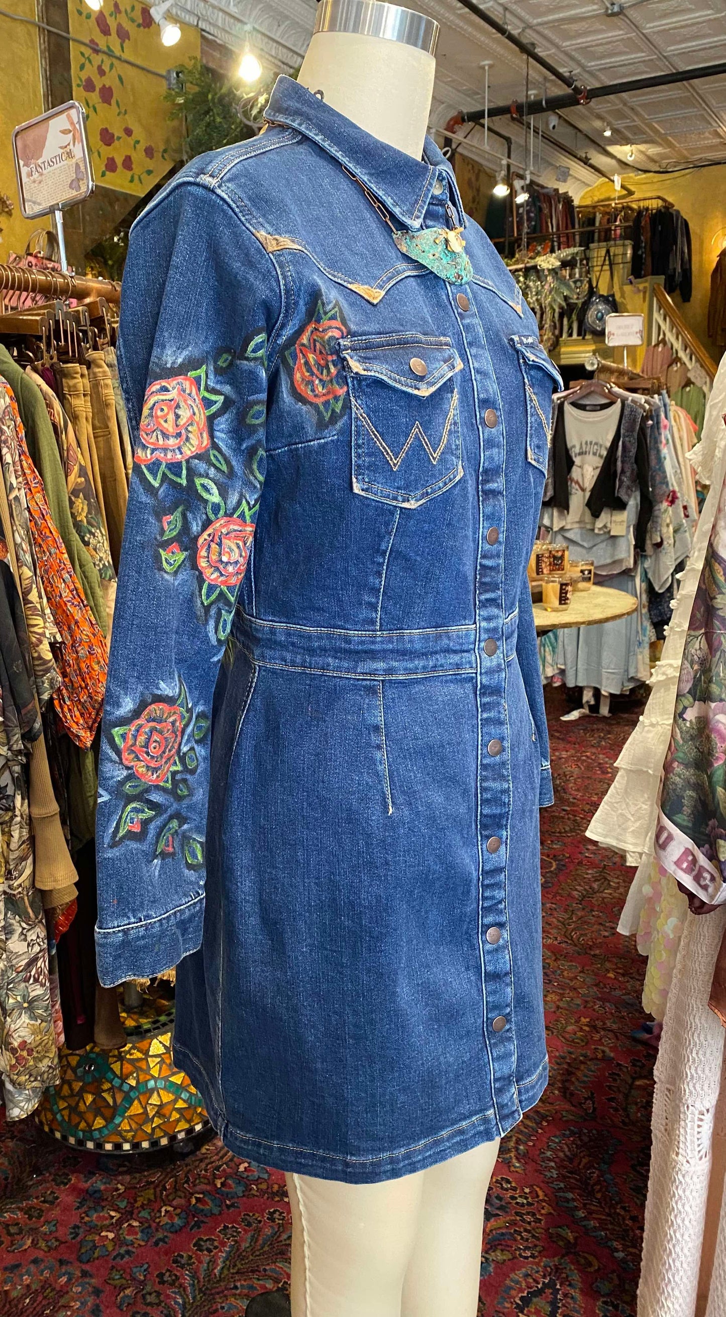 Floral Wrangler Blue Denim Short Dress -Chelsea Dudley Art*