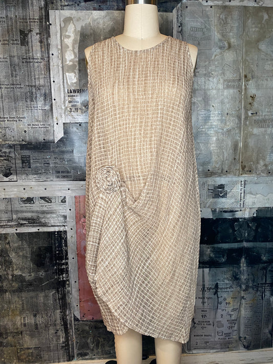 Textured Tank Midi Dress with Rosette - Beige