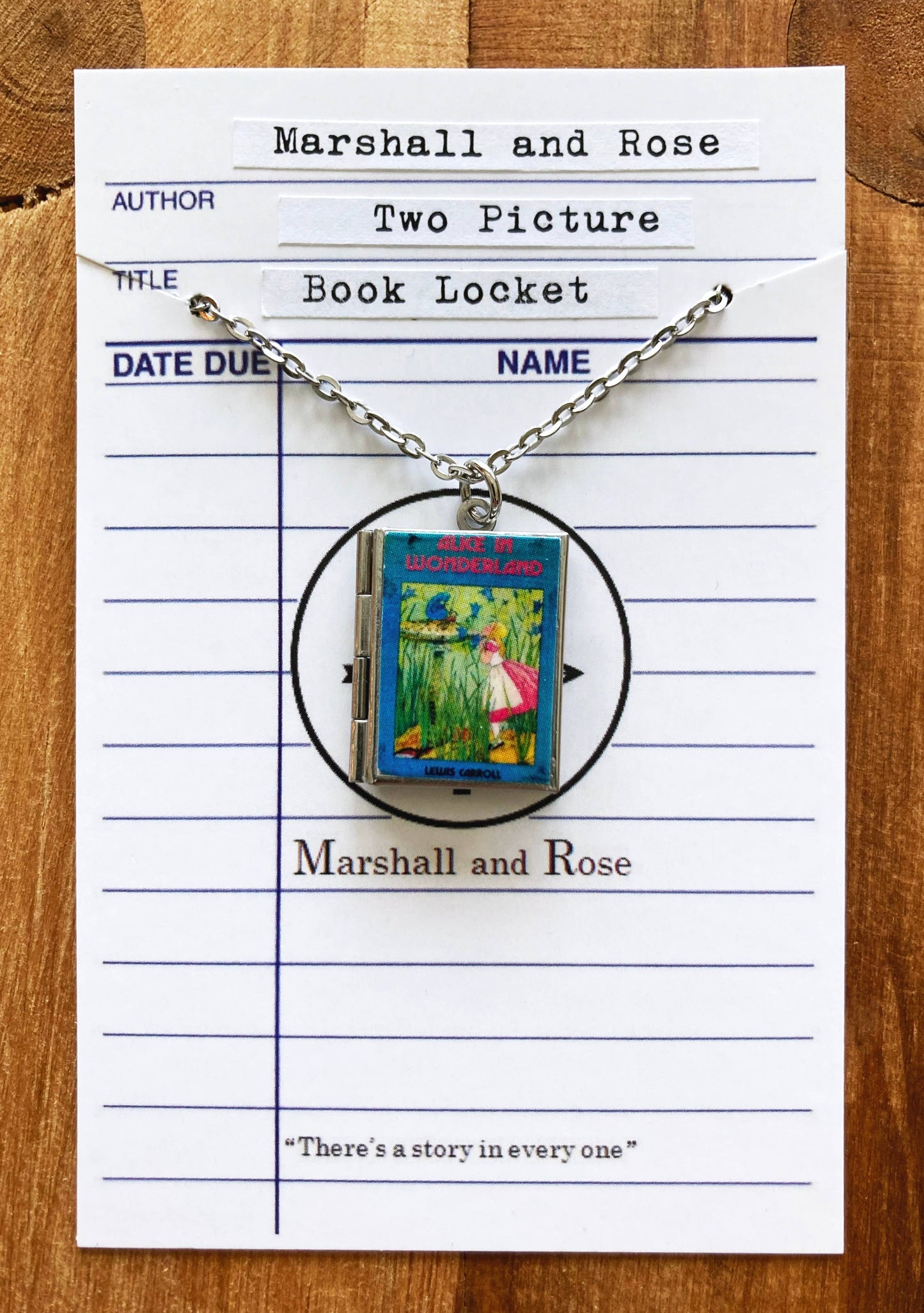 Book Locket Alice In Wonderland - Blue with Caterpillar - Stainless Steel