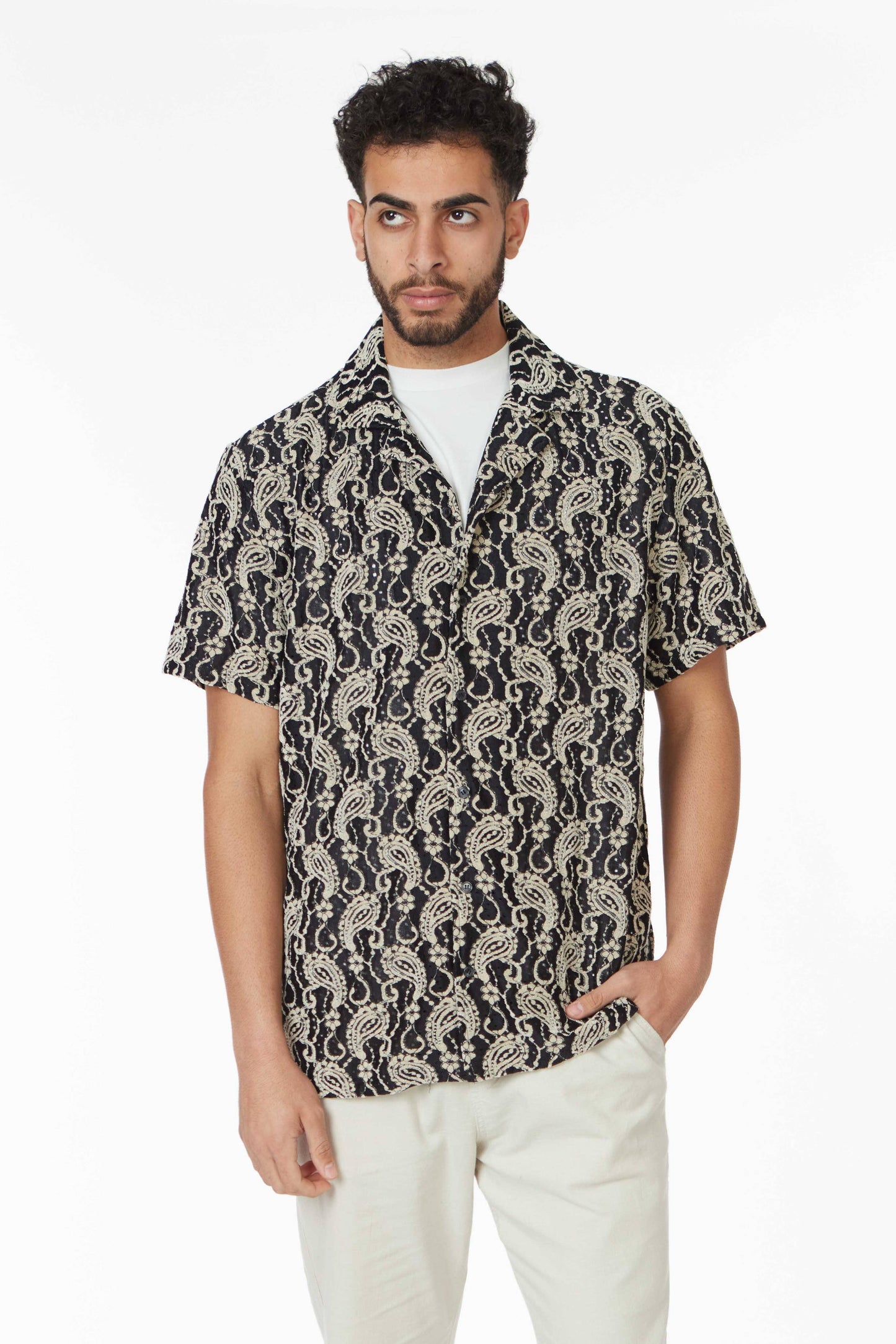 Crochet/Textured Short Sleeve Men's Shirt - Black/Beige