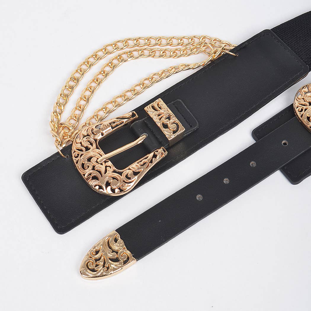 Multi Buckle Chain Layered Stretch Belt - Black/Gold