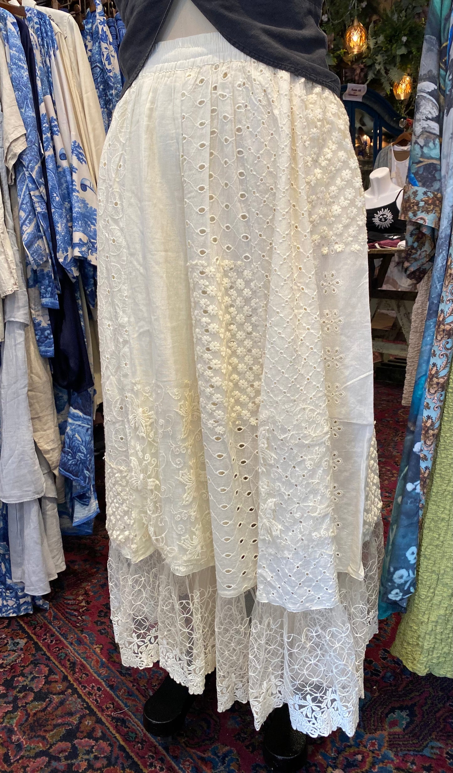 Floral Eyelet Maxi Skirt - Cream