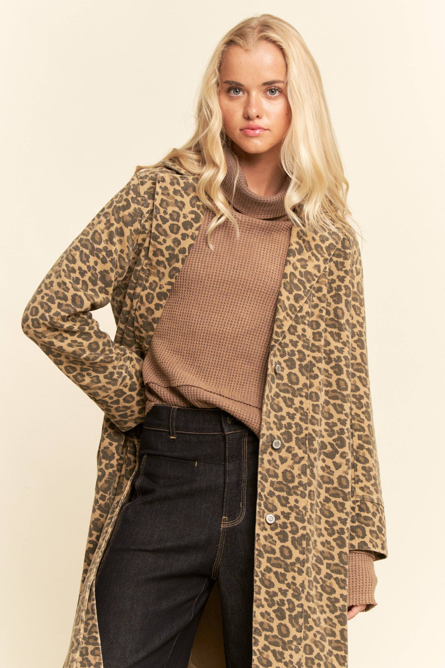 PLUS SIZE WASHED LAPEL DUSTER JACKET - TAUPE LEOPARD
