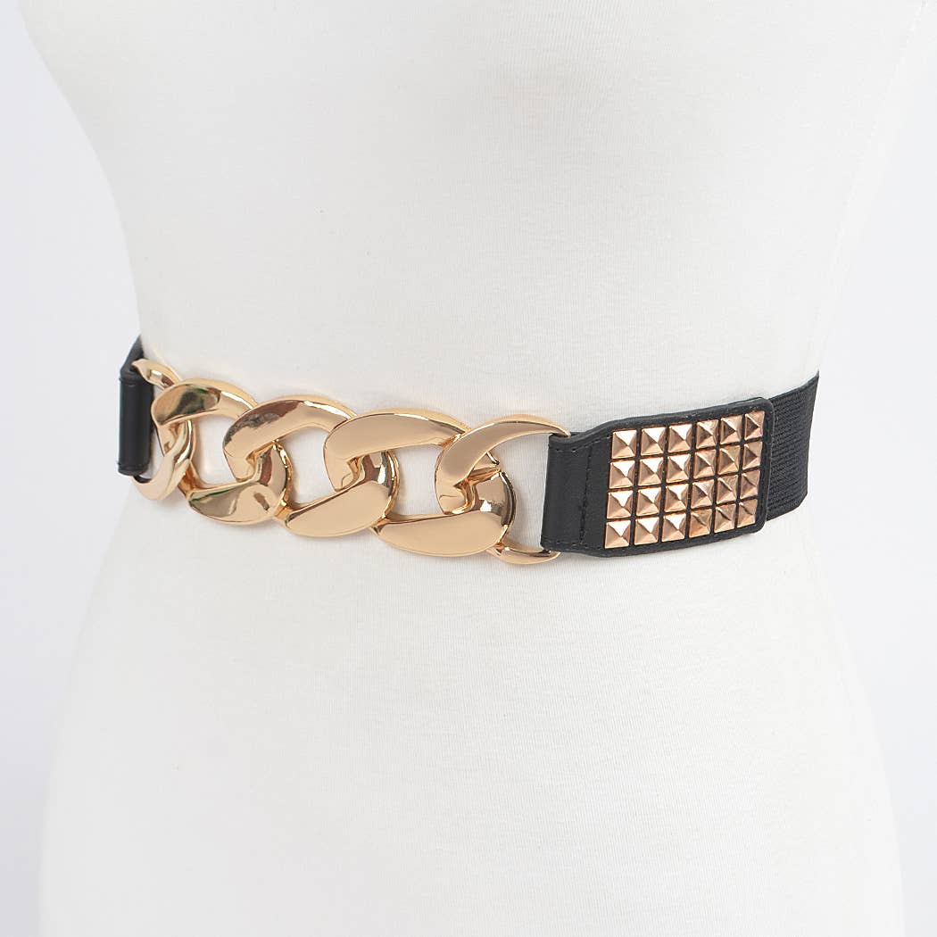 Chain Elastic Belt with Studs - Black/Gold