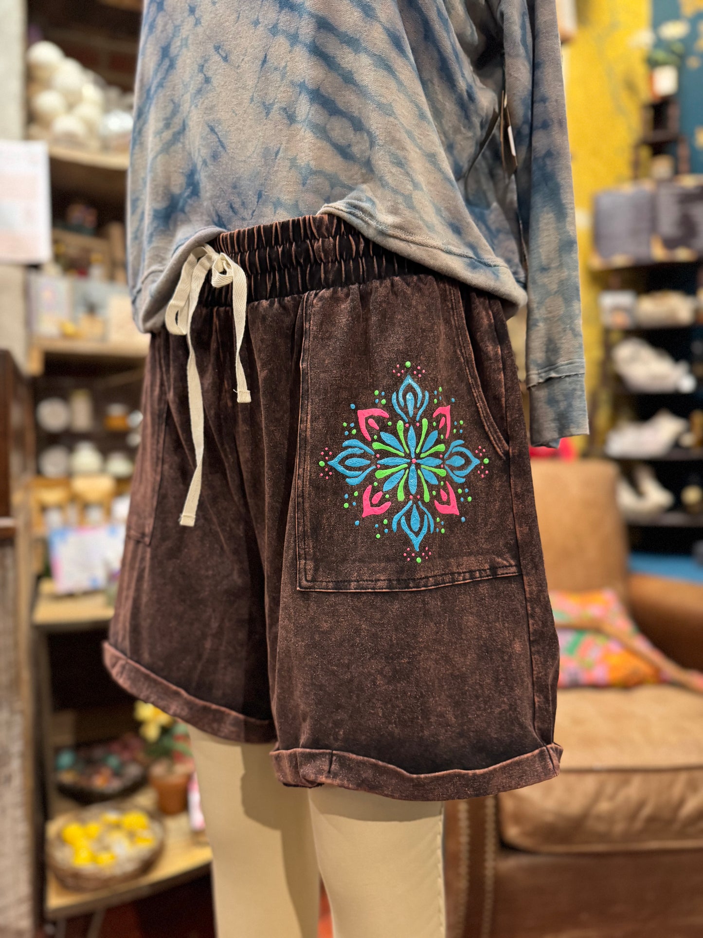 Floral Mandala Mineral Wash Zenana Shorts -Laura Bruce*
