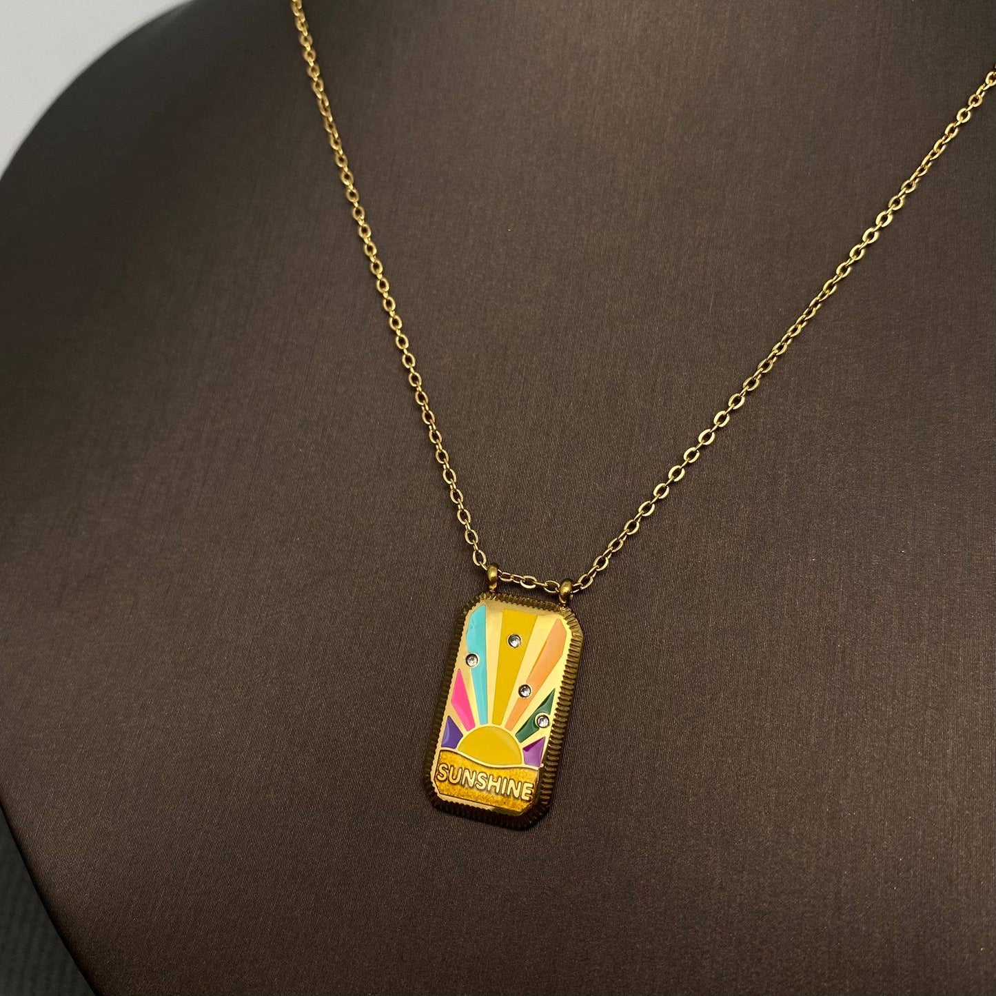 CZ Enamel Tarot Charm 18K Gold Plated S.Steel Necklace - FGS - Sunshine