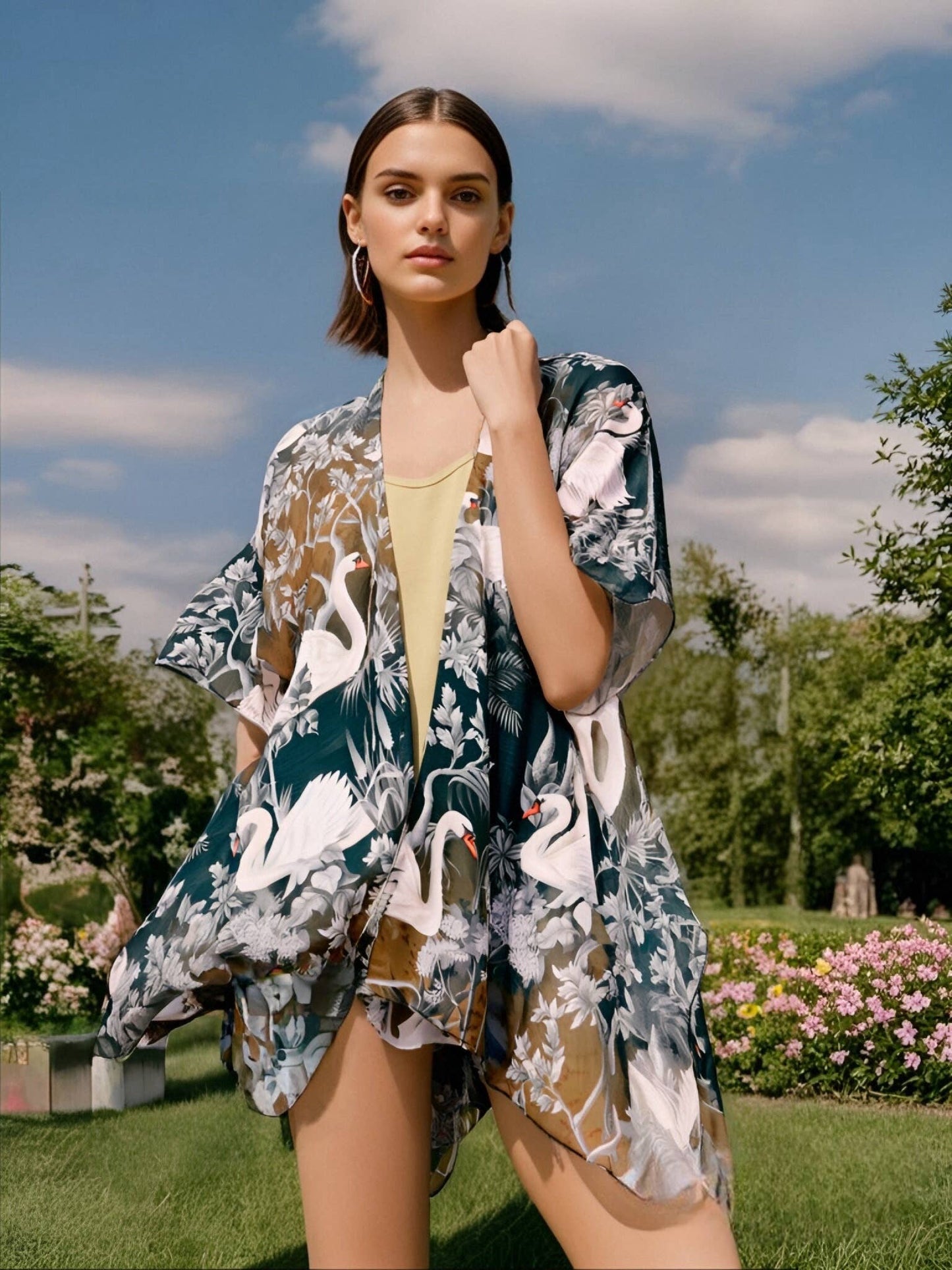Black-White Swan & Floral Kimono/Cover-Up