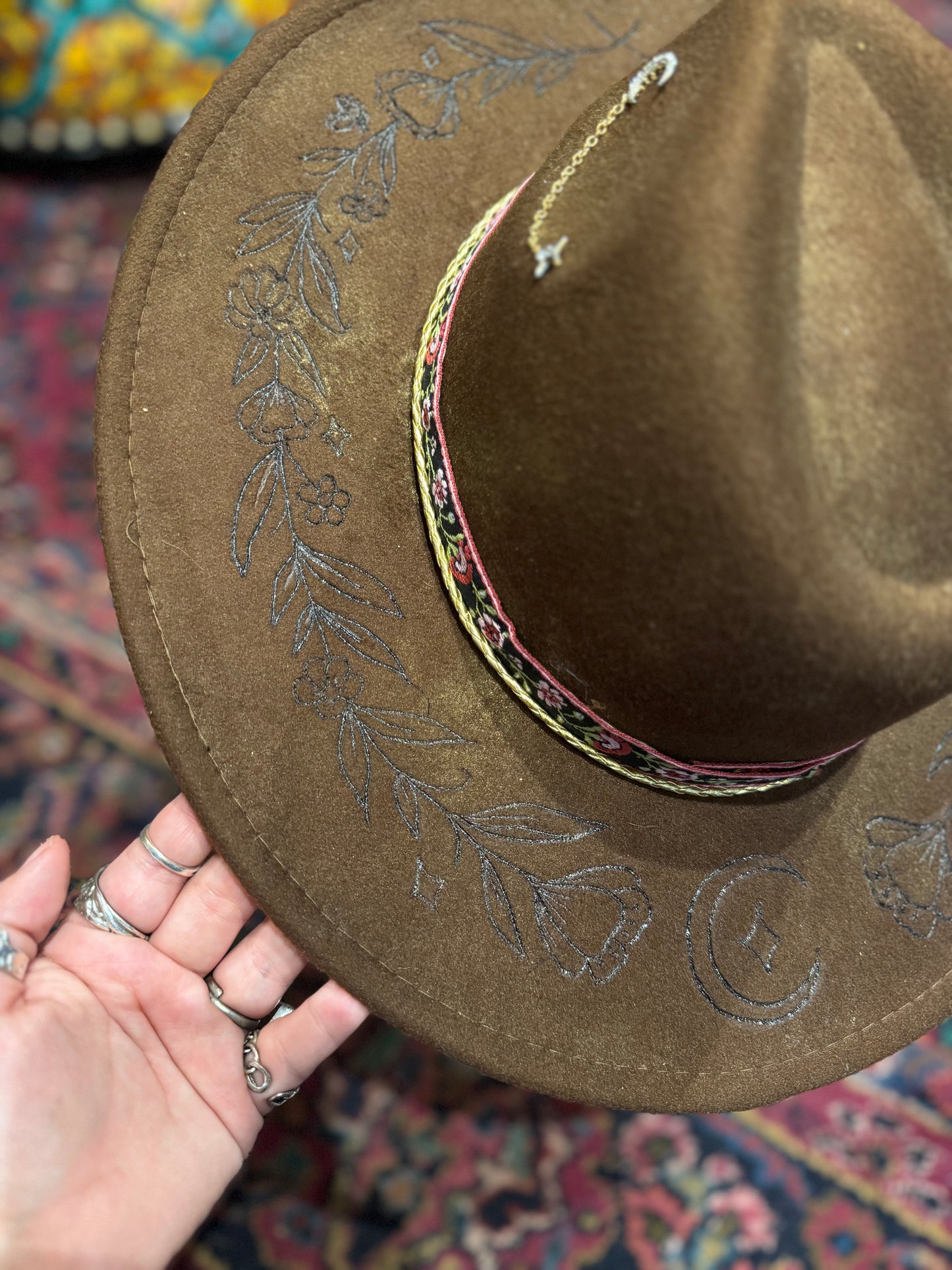 Burnt Floral Vines on NYMF Brown Marble Hat - Hannah King*