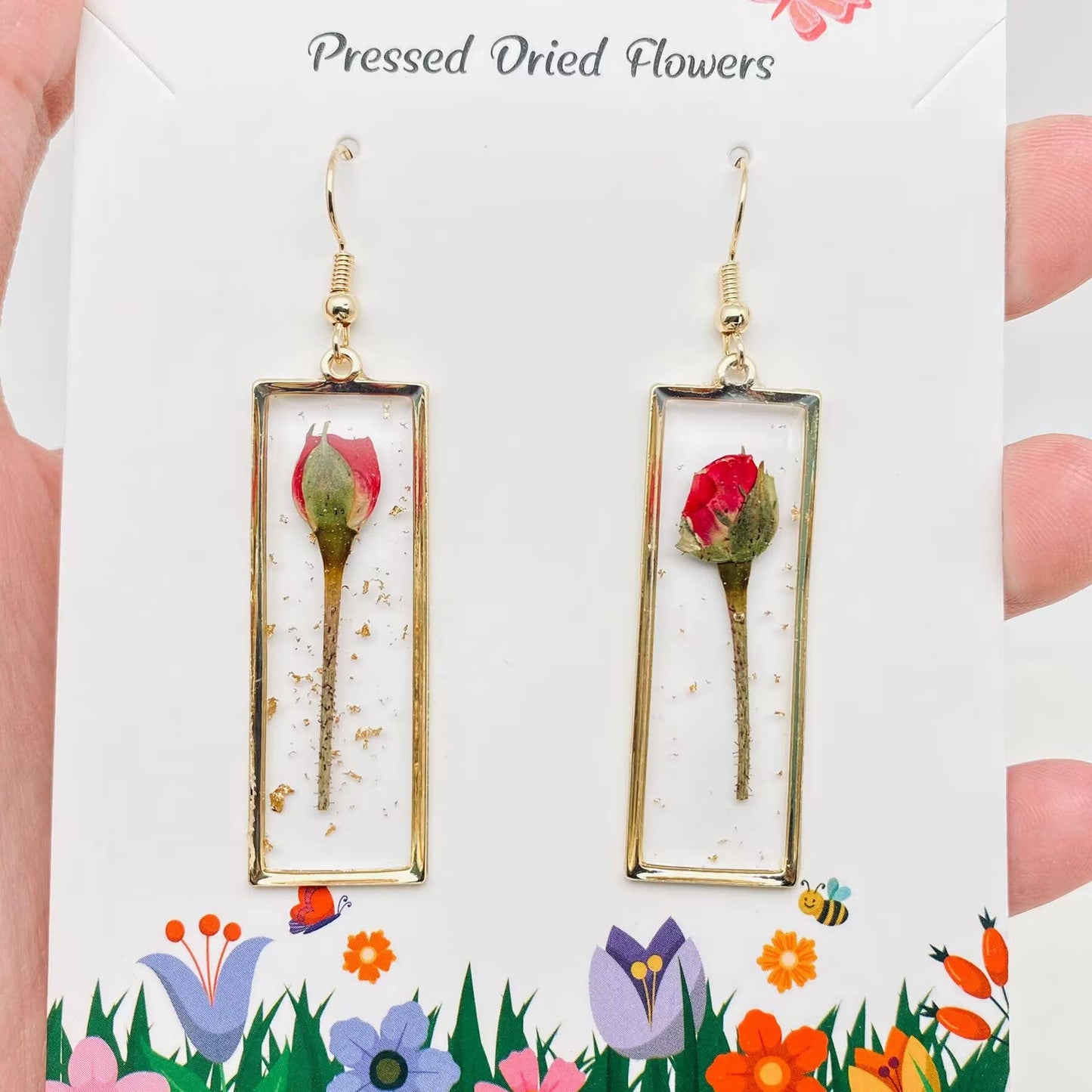 Rectangular Rose Dried Flowers Dangle Earrings